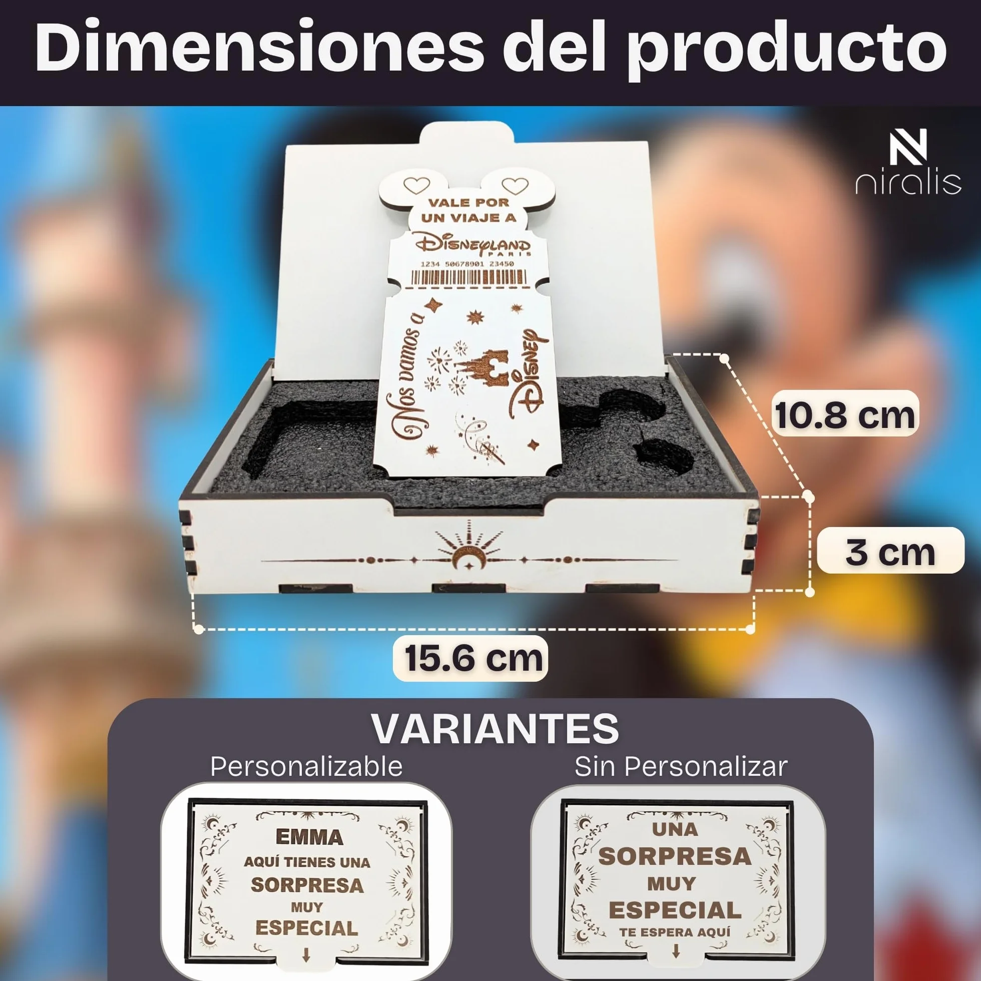 Caja Sorpresa Viaje Disney | Llave Disney Personalizada en Madera | Tarjeta Regalo en Forma de Billete | Anuncio de Viaje a Disneyland | Regalo Personalizado Comunión (Blanco, Personalizado)