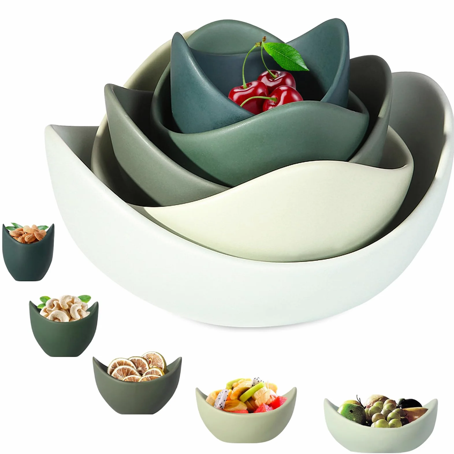 Notakia Gaobei Ensaladeras, 5 paquetes de cuencos de porcelana, cuencos de pasta en forma de loto, cuencos de cerámica únicos para ensalada, ideal para el hogar y el restaurante (verde)