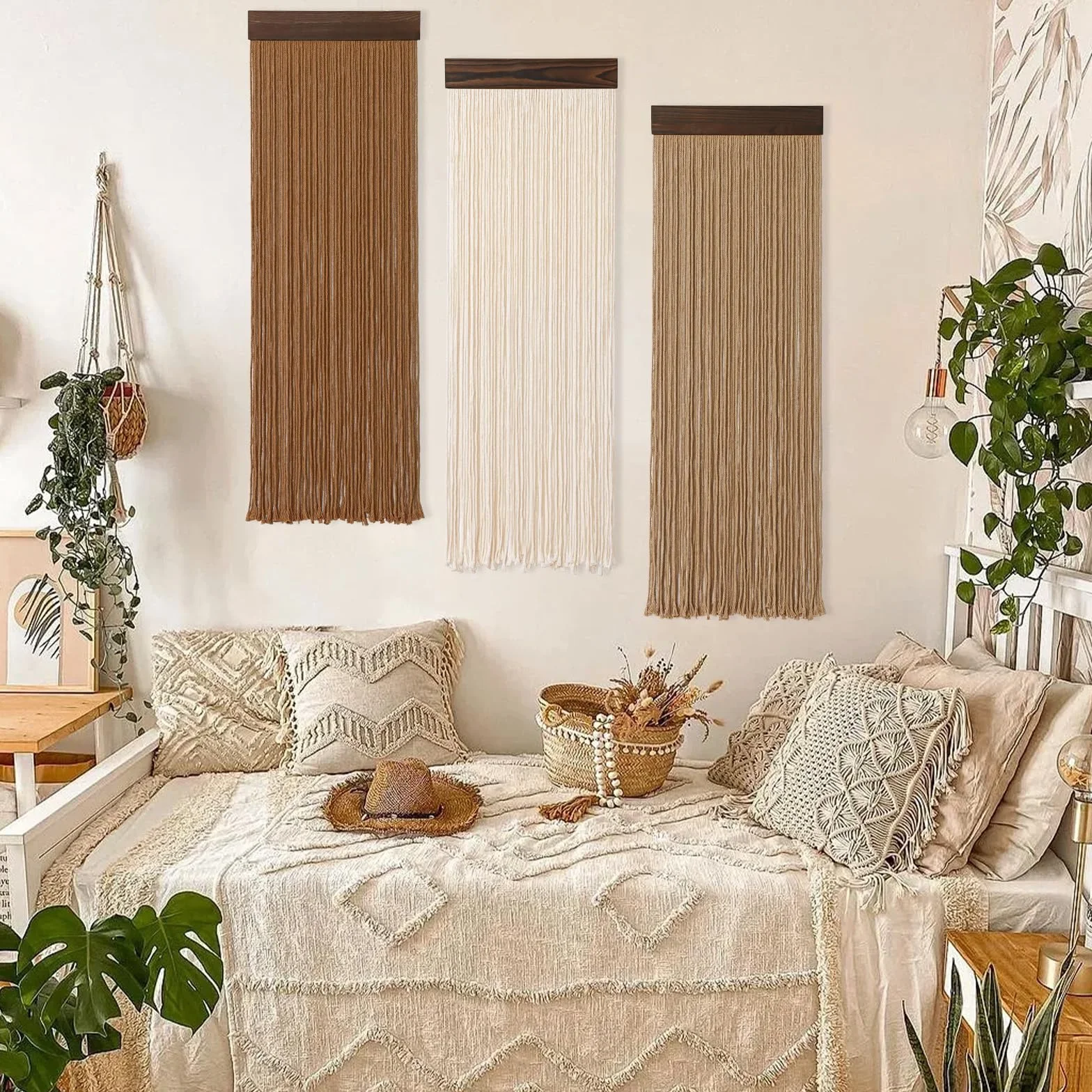 Weldomcor 3 piezas de hilo de macramé boho chic decoración del hogar, 30 x 92 cm, borlas, tapiz moderno hecho a mano, gran decoración de pared para salón, dormitorio, habitación de los niños