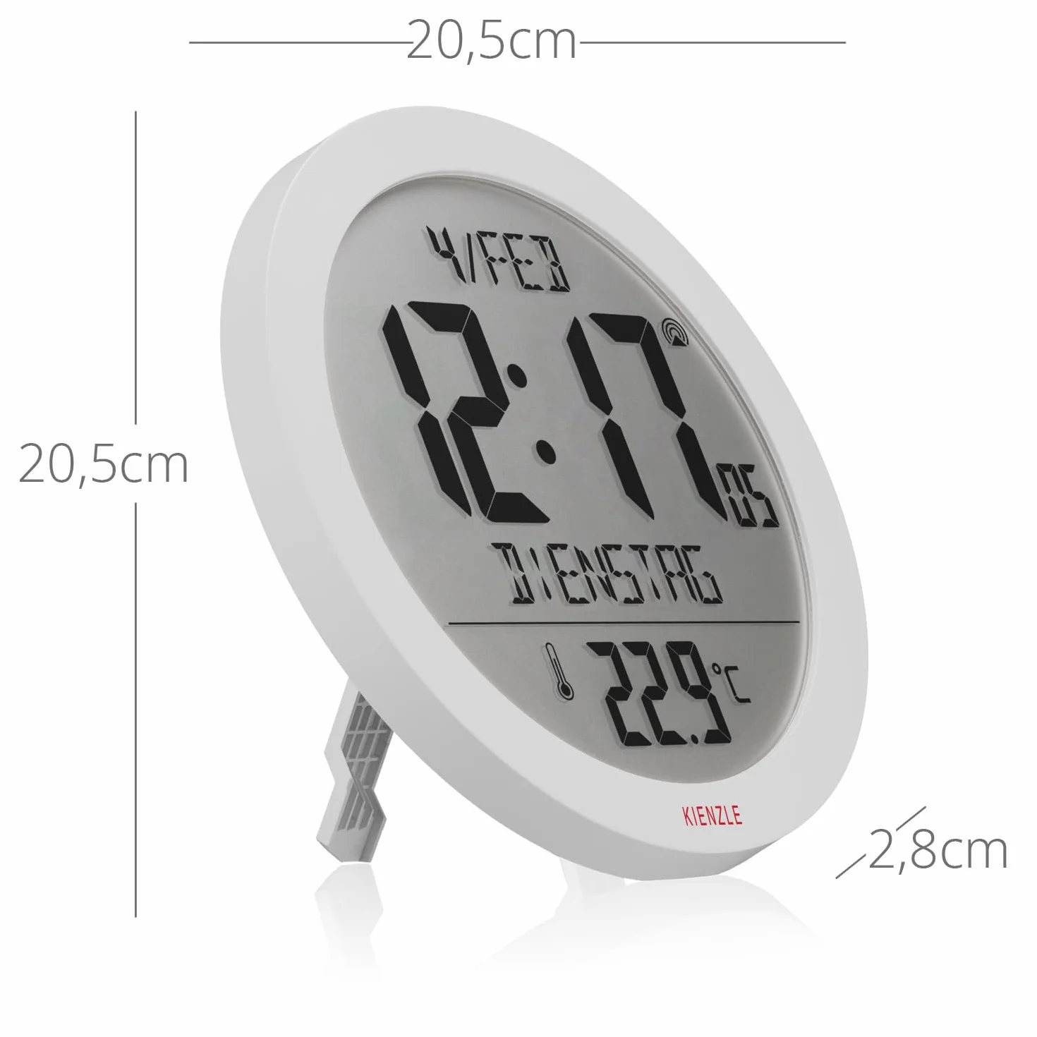 Kienzle Reloj de Pared y sobremesa radiocontrolado Temperatura Pantalla 18,7 cm Hora DCF Fecha 2 alarmas repetición Blanco