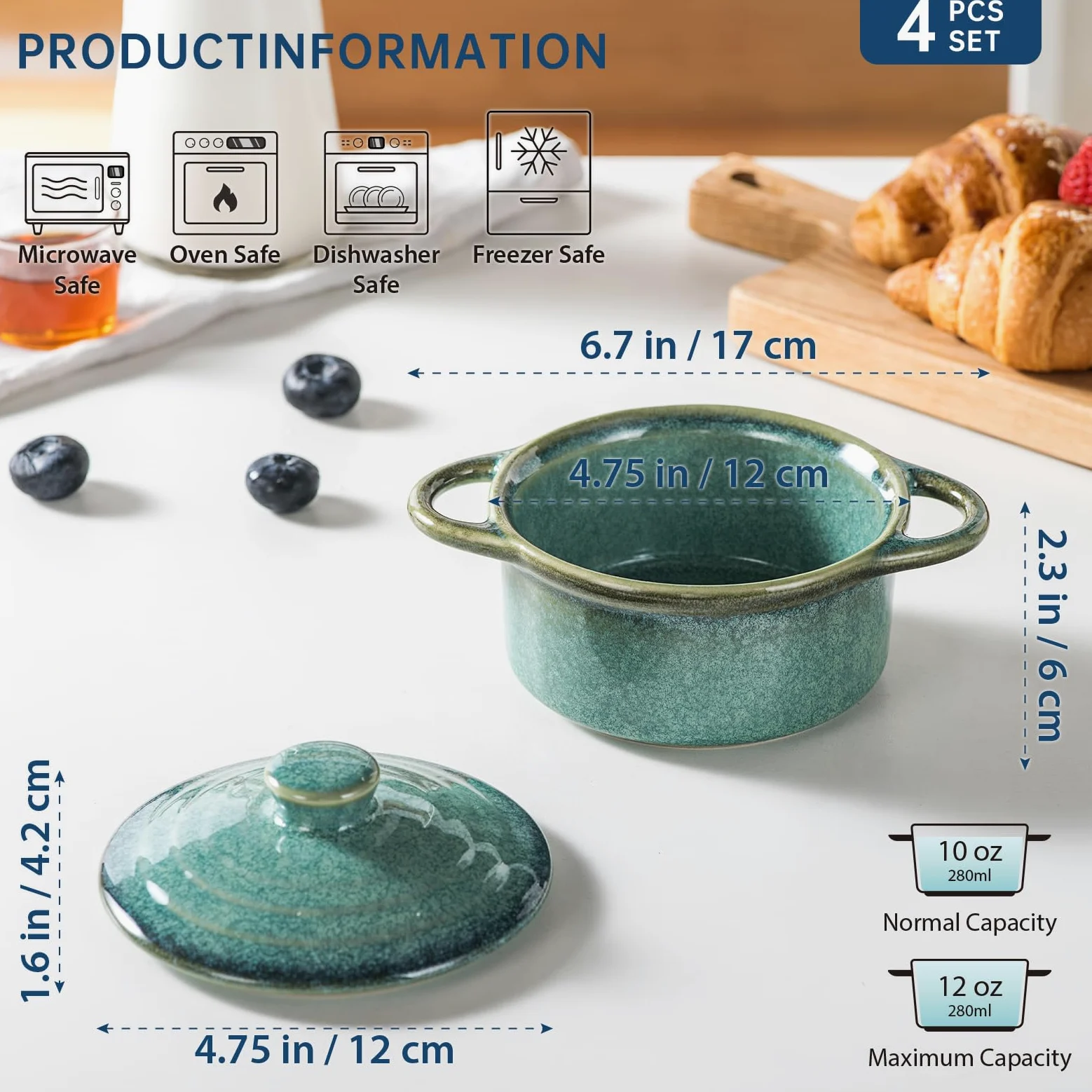 HENXFEN LEAD Cazuela de cerámica, 350 ml, mini ramequines de soufflé de cocottes con tapas y asas, juego de 4 moldes pequeños para hornear, color verde brillante