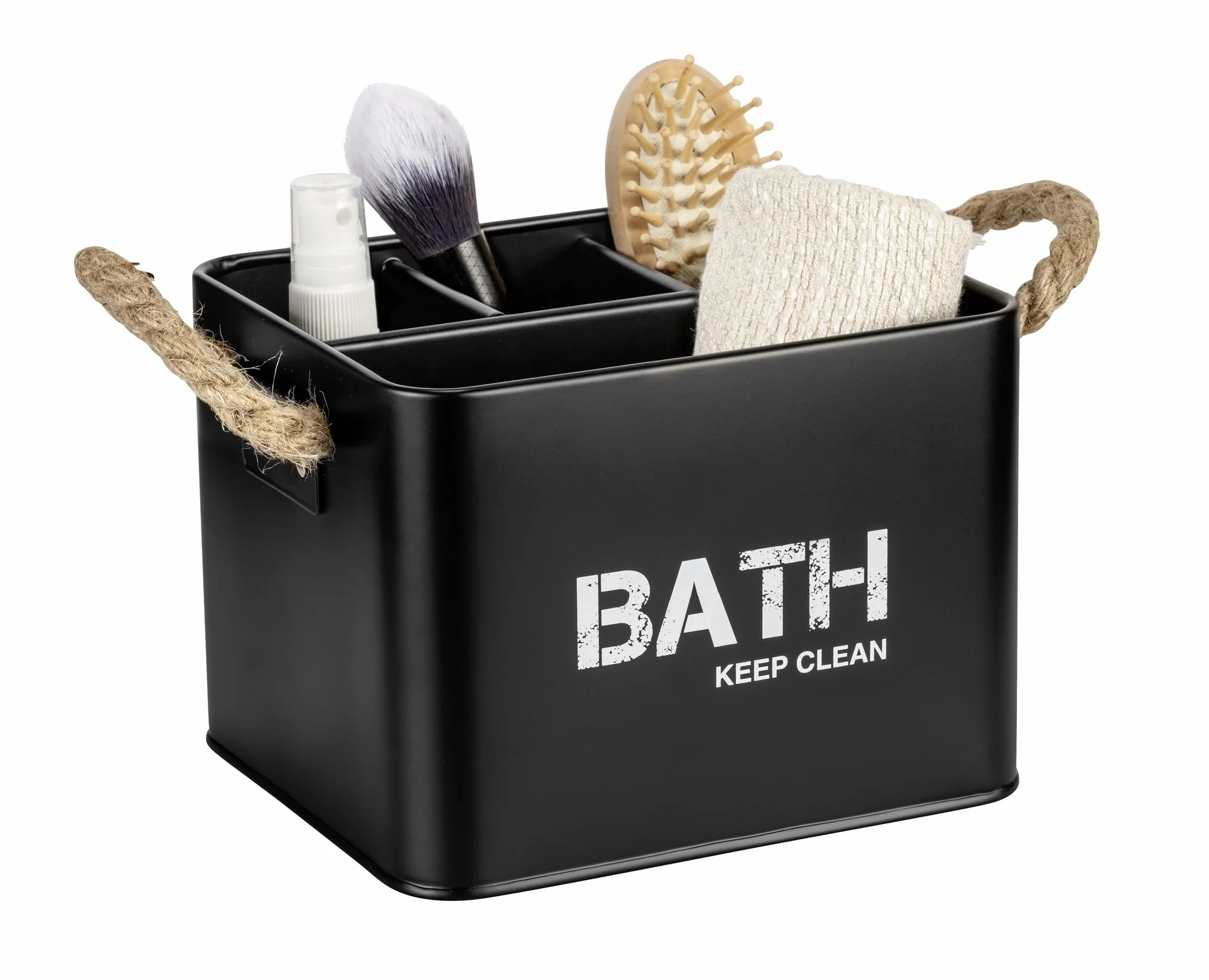 WENKO Caja para el baño Gara con 4 compartimentos negro - Caja de almacenaje, cesta para el baño Capacidad: 2.37 l, Acero, 19 x 12.5 x 13 cm, Negro