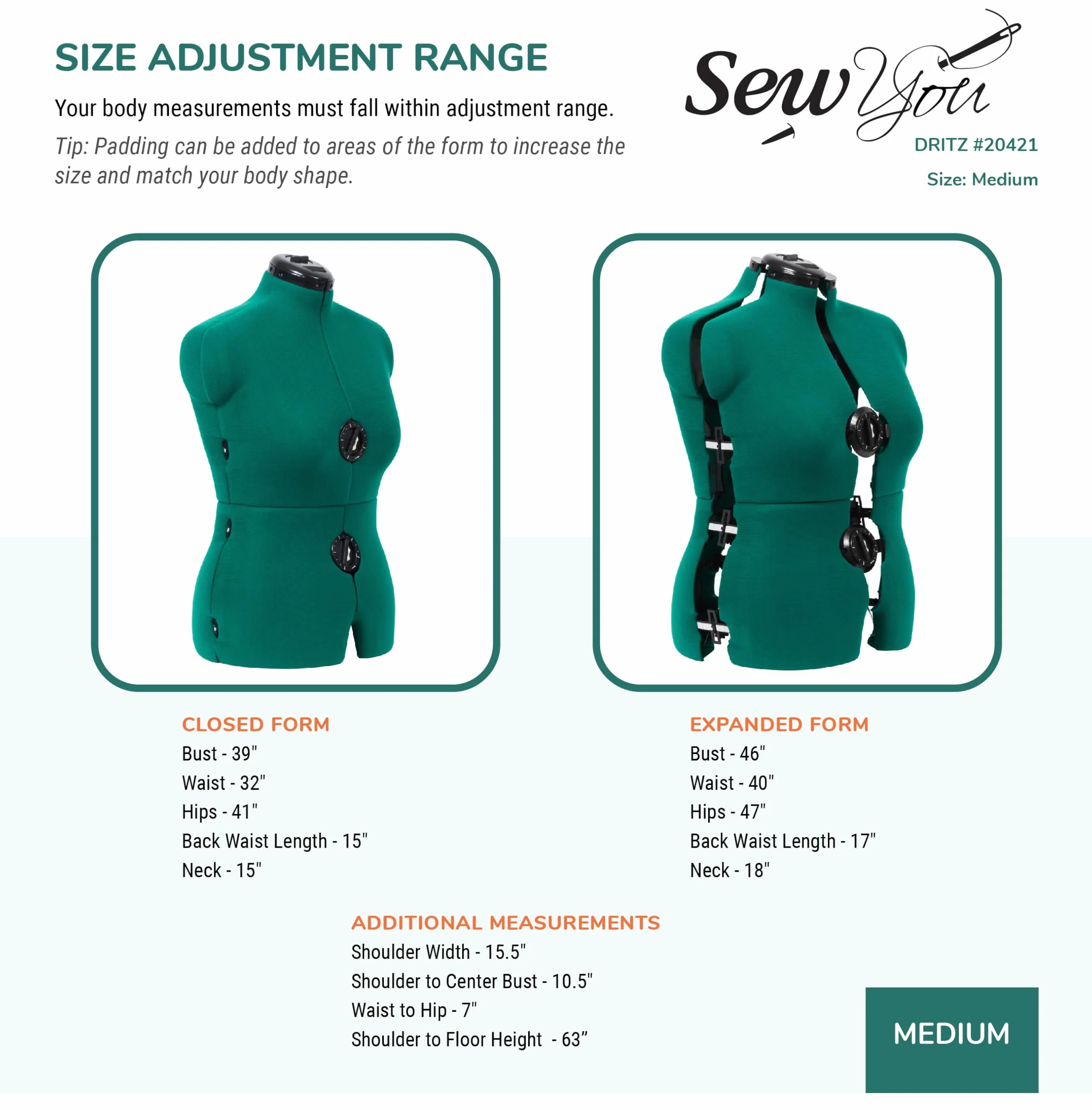 Dritz Forma de Vestido Ajustable, Verde ópalo, M