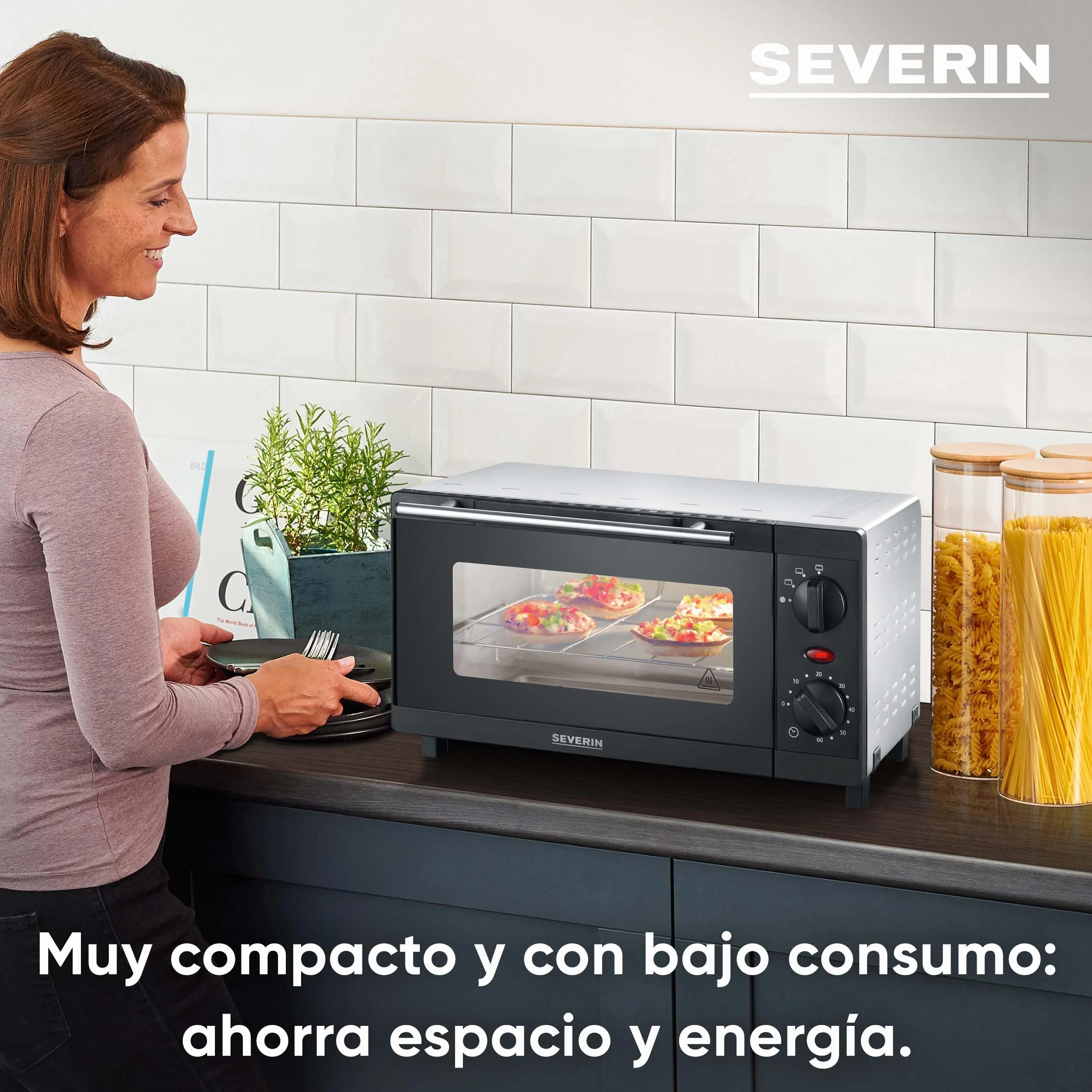 SEVERIN Mini horno tostador, horno compacto de sobremesa con grill, horno pequeño con bandeja y temporizador de 60 minutos, 800 W, 9 L, negro, TO 2052