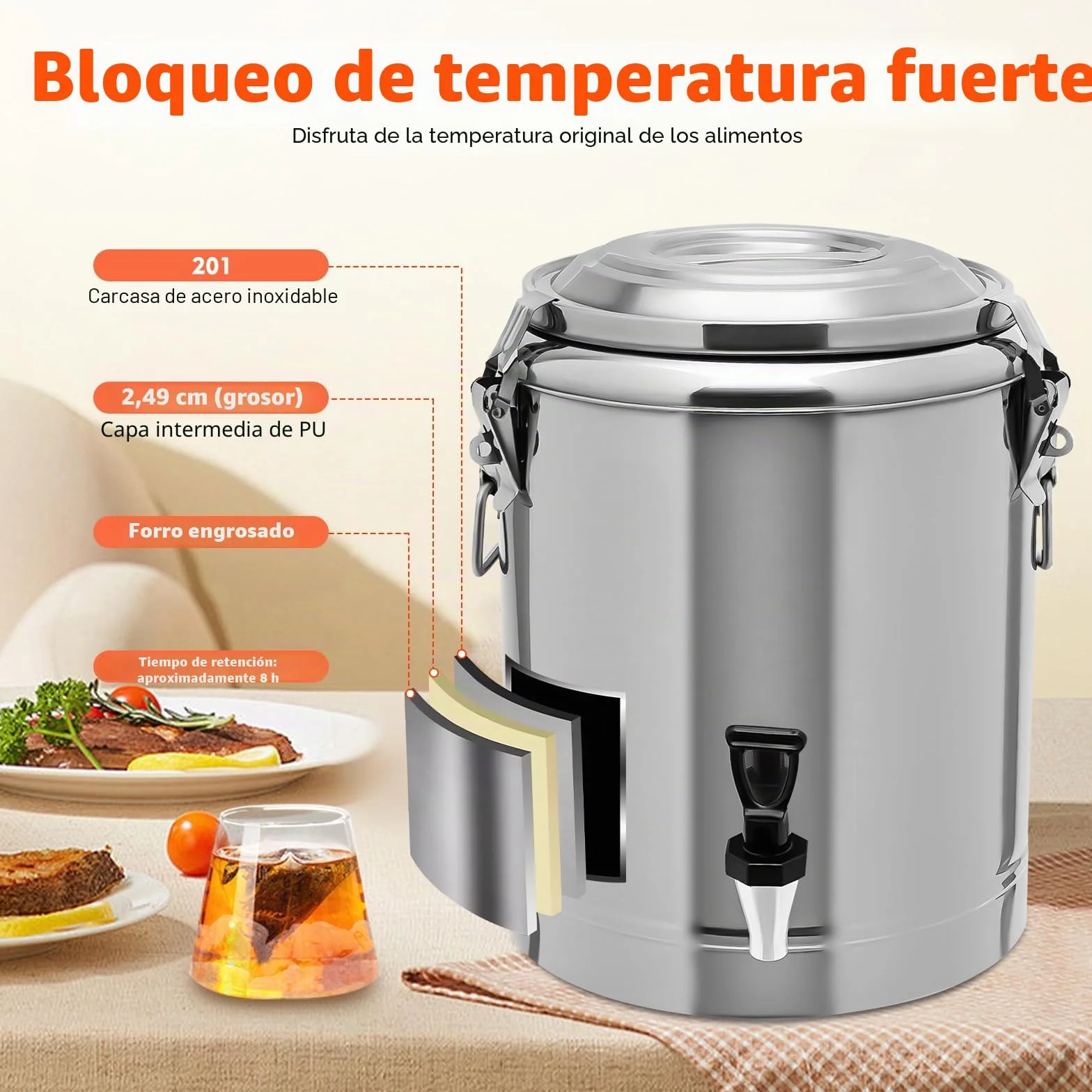 Recipiente de cereales de acero inoxidable 201, 14 l, cubo aislado con grifo, recipiente de transporte térmico de acero inoxidable para especies, fiestas y picnics