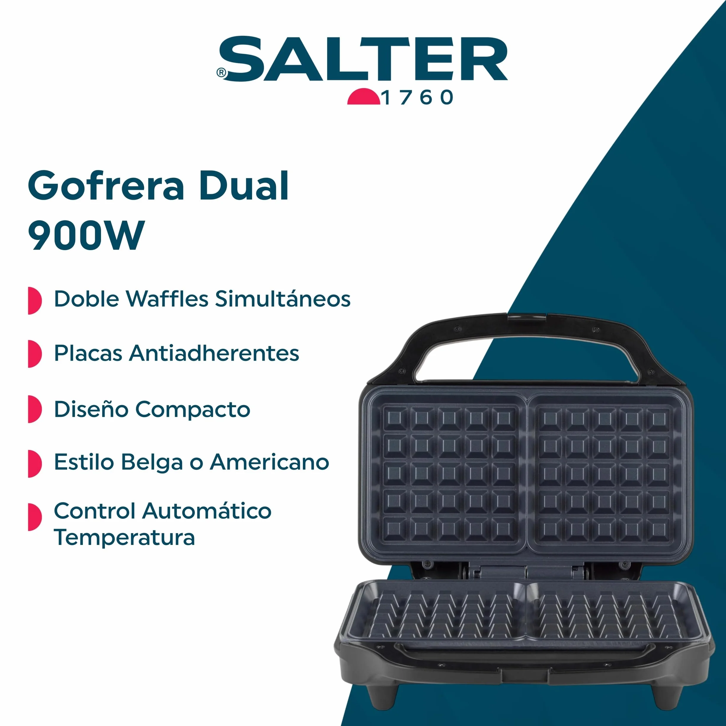 Salter Gofrera Doble – Gofres Belgas y Americanos, Placas Profundas Antiadherentes, Placas Dobles, Control Automático de Temperatura, Mango Frío al Tacto, Diseño Compacto Vertical, 900 W
