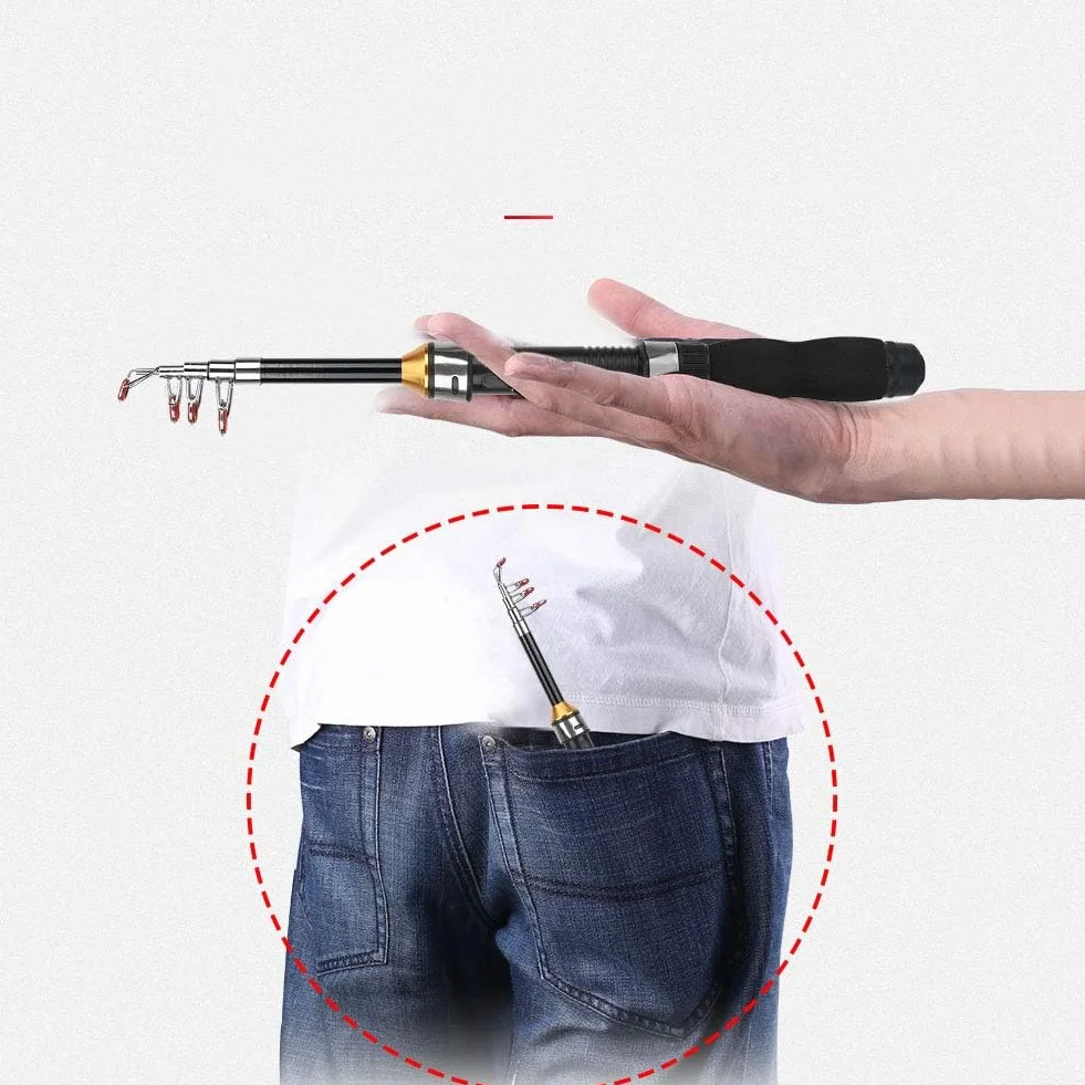 Alomejor Mini caña de Pescar portátil 1M Fibra de Carbono Carrete Giratorio 360° para Agua Dulce y Mar