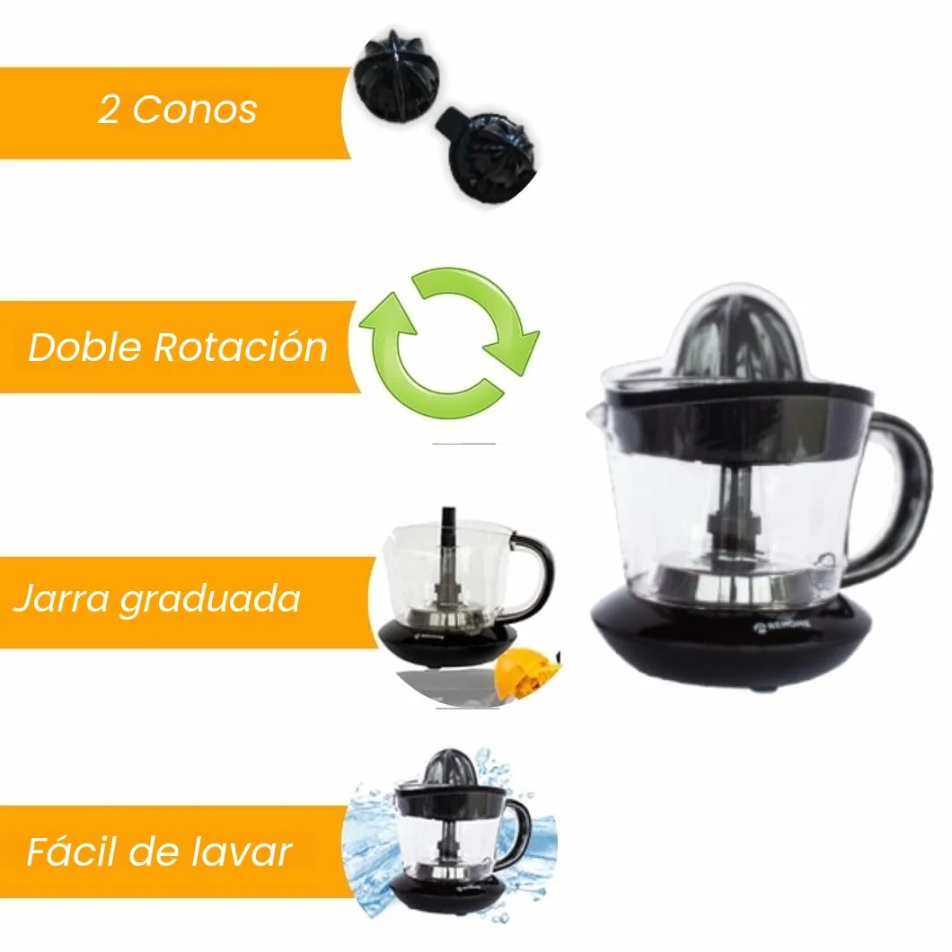 BEHOME Exprimidor de Naranjas Eléctrico, Capacidad 700 ml negro de plástico, Movimiento bidireccional, 2 Conos para Rápida Extracción de Zumo, Exprimidor Pequeño, Filtro en Acero Inoxidable