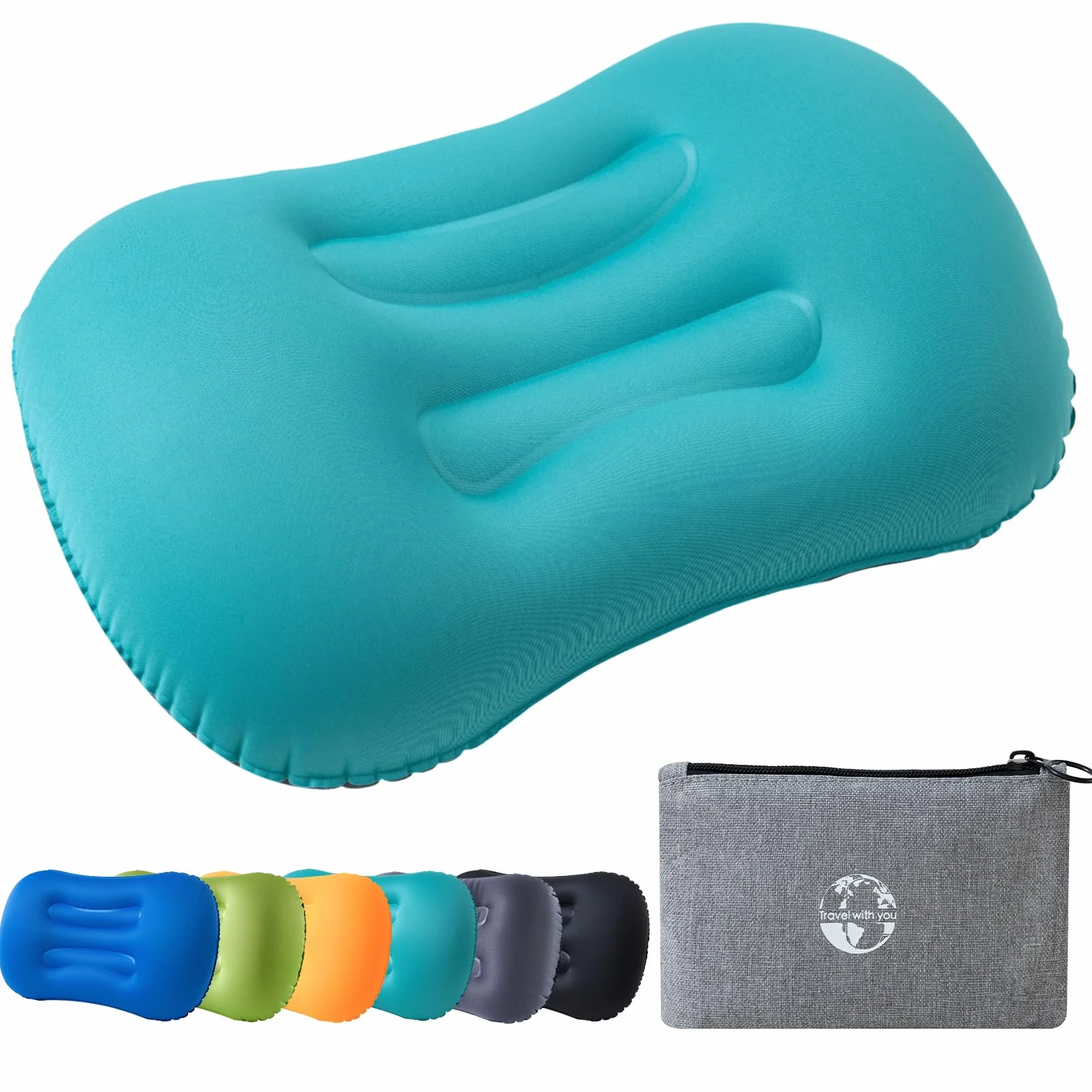 Almohada de Camping Ligera Compacta Hinchable Playa Viaje Soporte Ergonómico Acampada Senderismo (Turquesa)