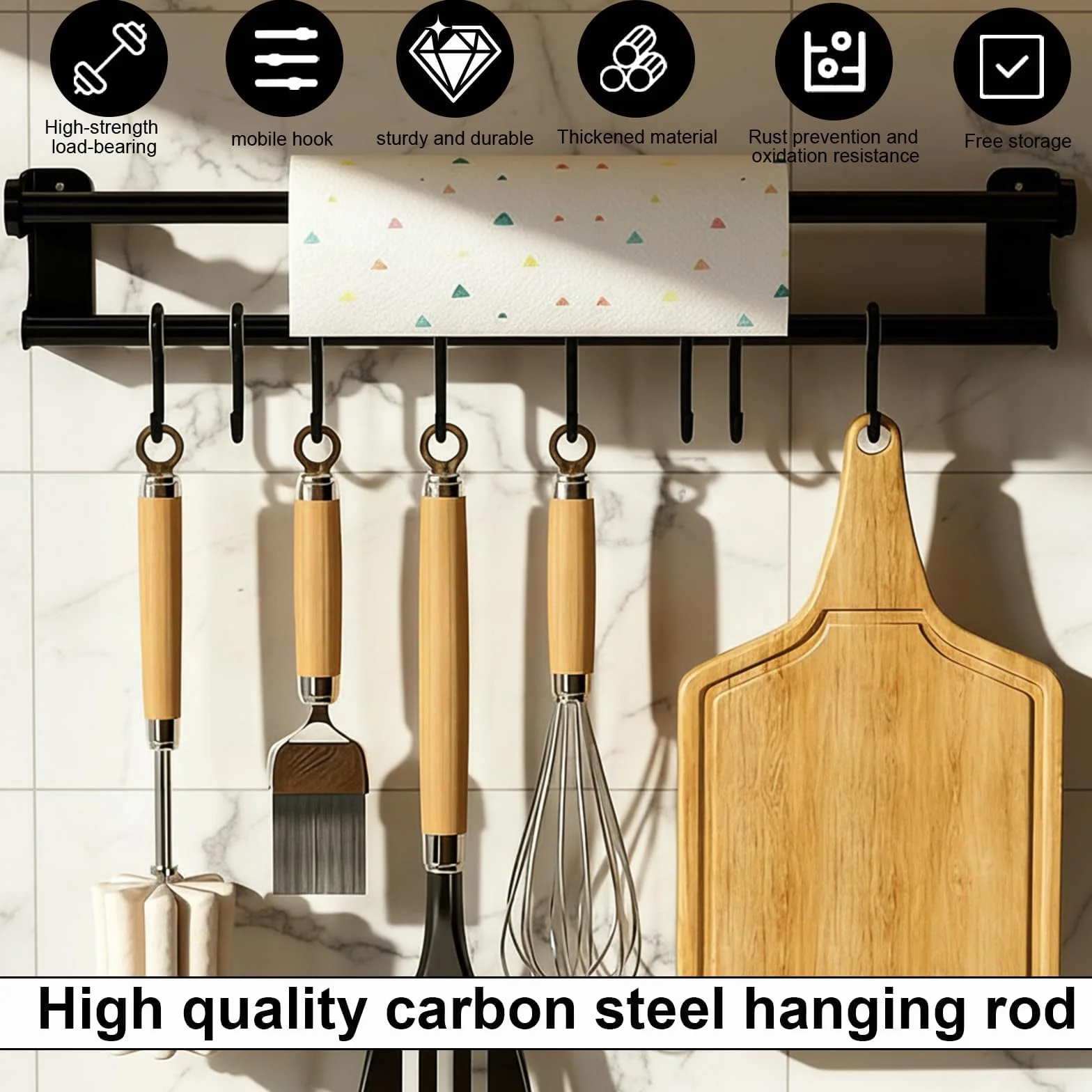 PARFCO Barra Cocina Colgar Utensilios 50 cm, Barra Colgante de Cocina Negra con 8 Ganchos Extraíbles, Porta Utensilios de Cocina, para Espacio para Espátulas, Tablas y Cucharas
