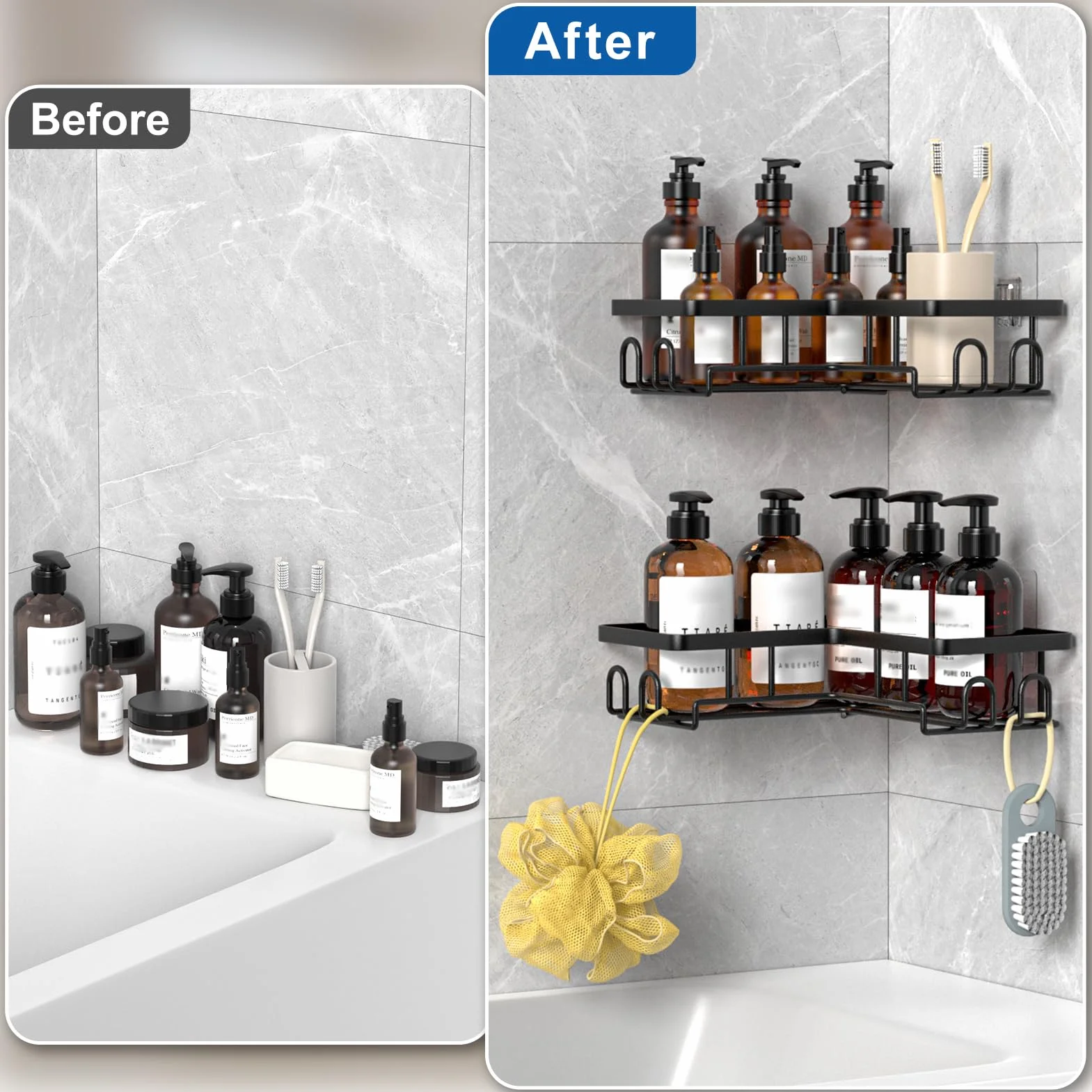 Estanteria Baño sin Taladro, Estante Rinconera Ducha con Adhesivo, Baldas Baño Organizador Ducha, Accesorios Ducha (Negro, 2 Cesta)