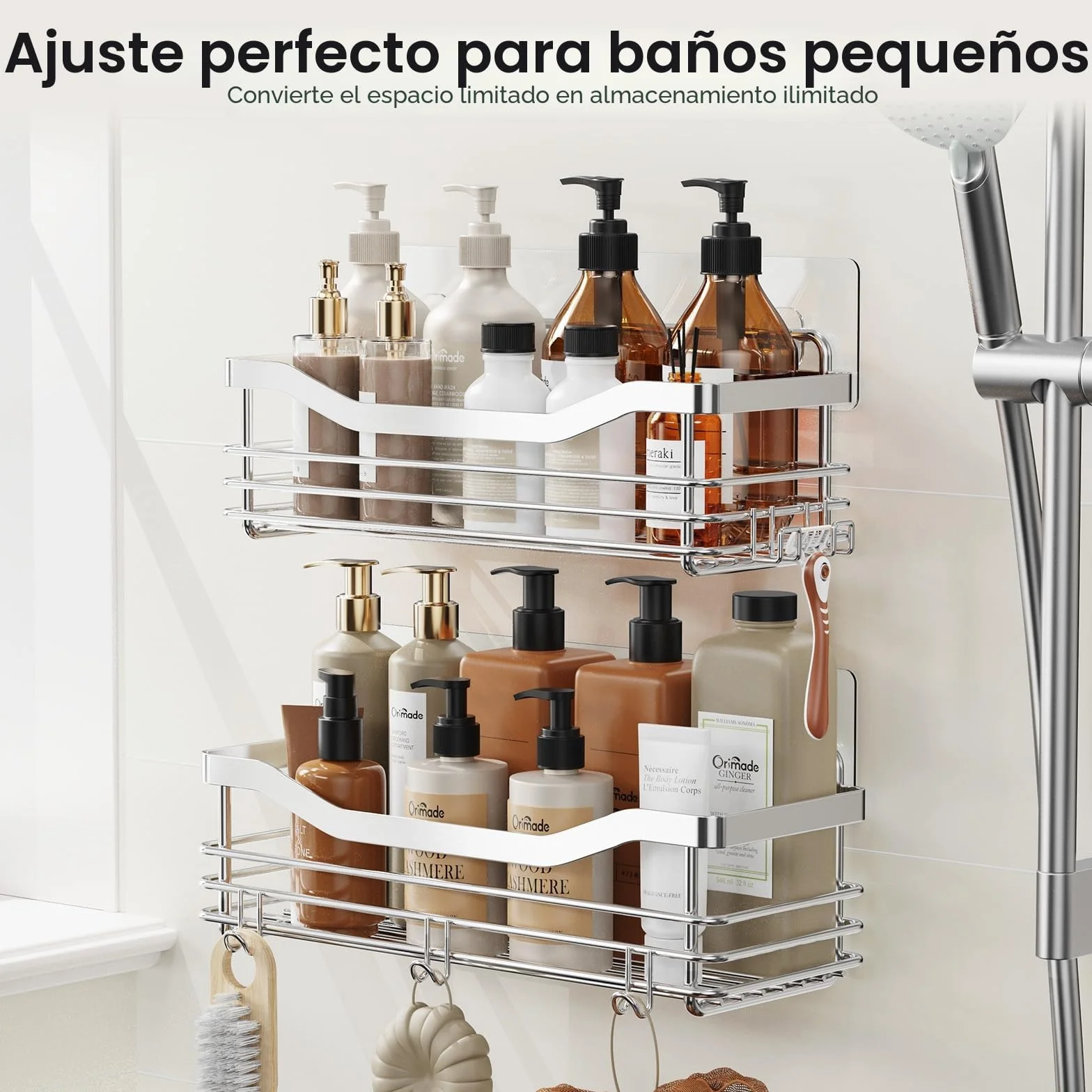 Orimade Adhesivo Estantes Cesta para Ducha con 5 Ganchos para Colgar Esponjas y Cuchillas Estanteria Organizador Baño Acero Inoxidable Sin Taladro Plata