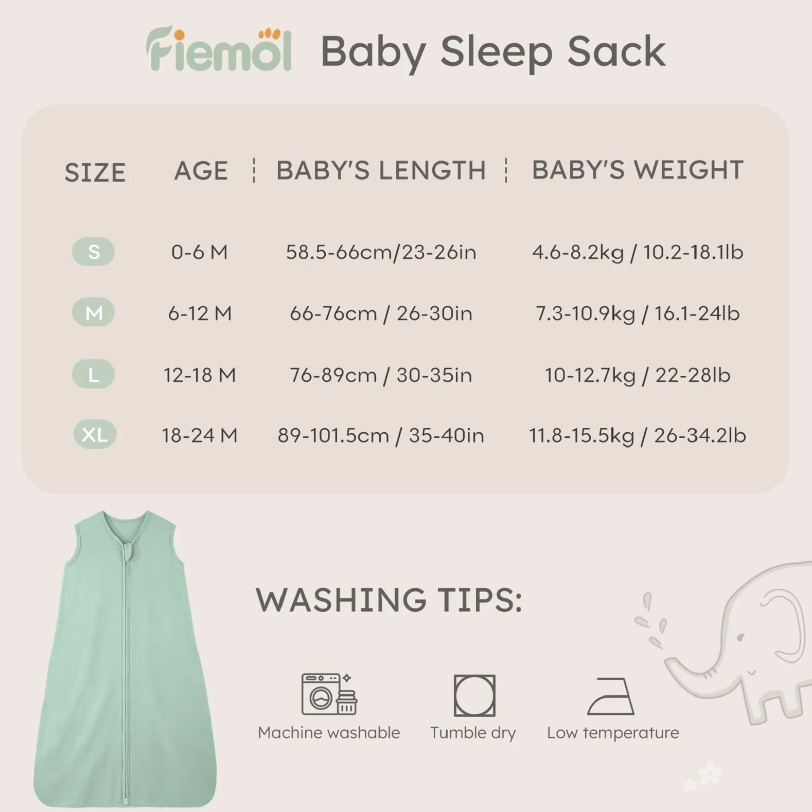 Saco de Dormir para Bebé 0-6 Meses 0.5 Tog Algodón 3 Paquetes Transpirable 58-66cm Albaricoque