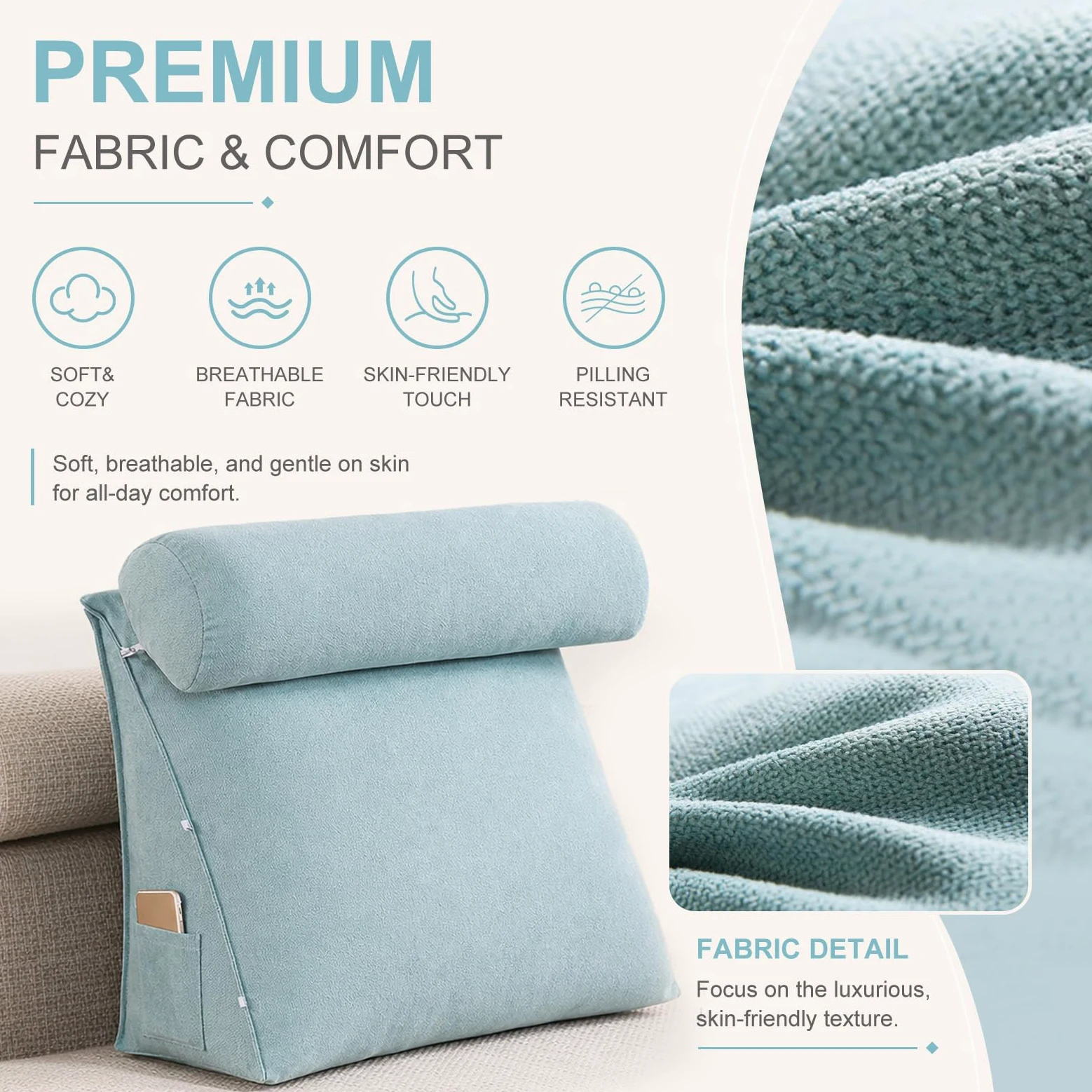 Cojín De Lectura para Cama Y Sofá, Respaldo para Cama Ergonómico En Cuña con Rodillo Regulable Y Bolsillos, Almohada De Soporte Lumbar para Leer Y Ver La TV,Smoke Gray,60X50X20CM