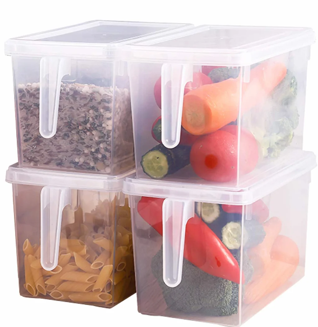 Sooyee Organizador de refrigerador, paquete de 4 contenedores organizadores de refrigerador, organizadores de refrigerador y almacenamiento transparente con asa y tapa, contenedores de frutas para