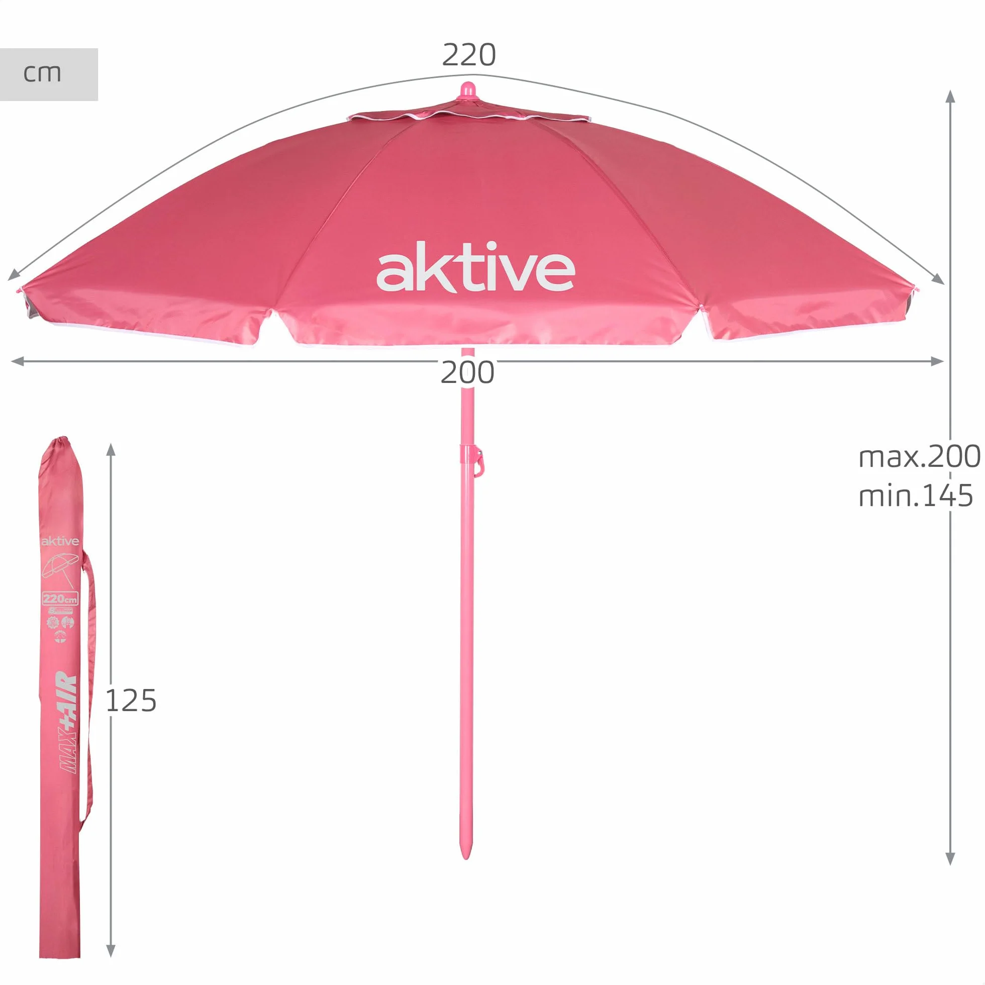 AKTIVE BEACH Sombrilla de playa inclinable D220 cm Rosa Protección UV50 8 varillas Oxford Ventilación