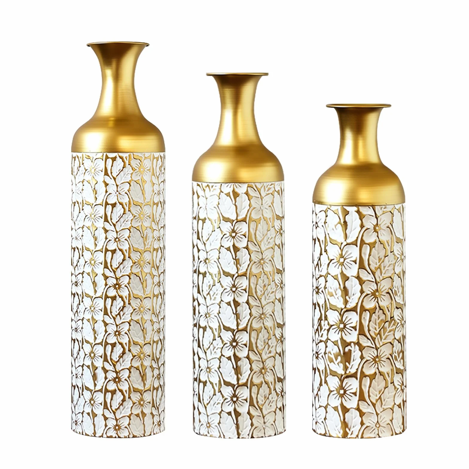 Juego de 3 jarrones de suelo de metal decorativos altos de 83/65/50 cm para hierba de Pampas, flores secas y decoración moderna de salón, pasillo y dormitorio, jarrones grandes con diseño atemporal