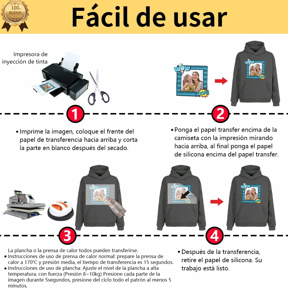 TransOurDream Real-Papel de Transferencia Térmica Para Camisetas, Sudaderas o Tejidos Oscuros 2.0 A4 10 Hojas Fácil de Usar, Papel Transfer Compatible con Impresoras de Inyección de Tinta, ES-02-10