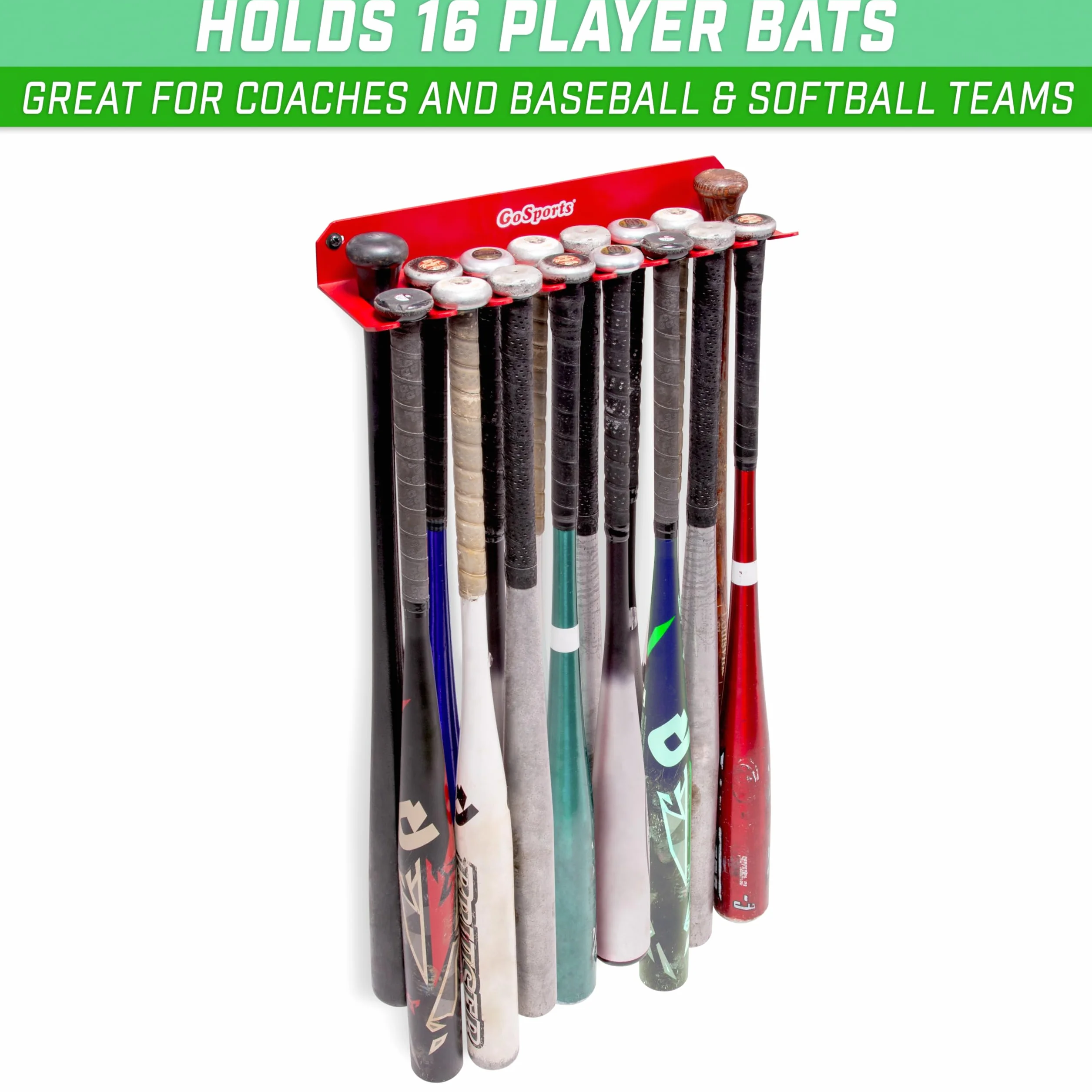GoSports Baseball & Softball Bat Rack Black Red Holds 16 Bats Wall Mount Dugout Fence