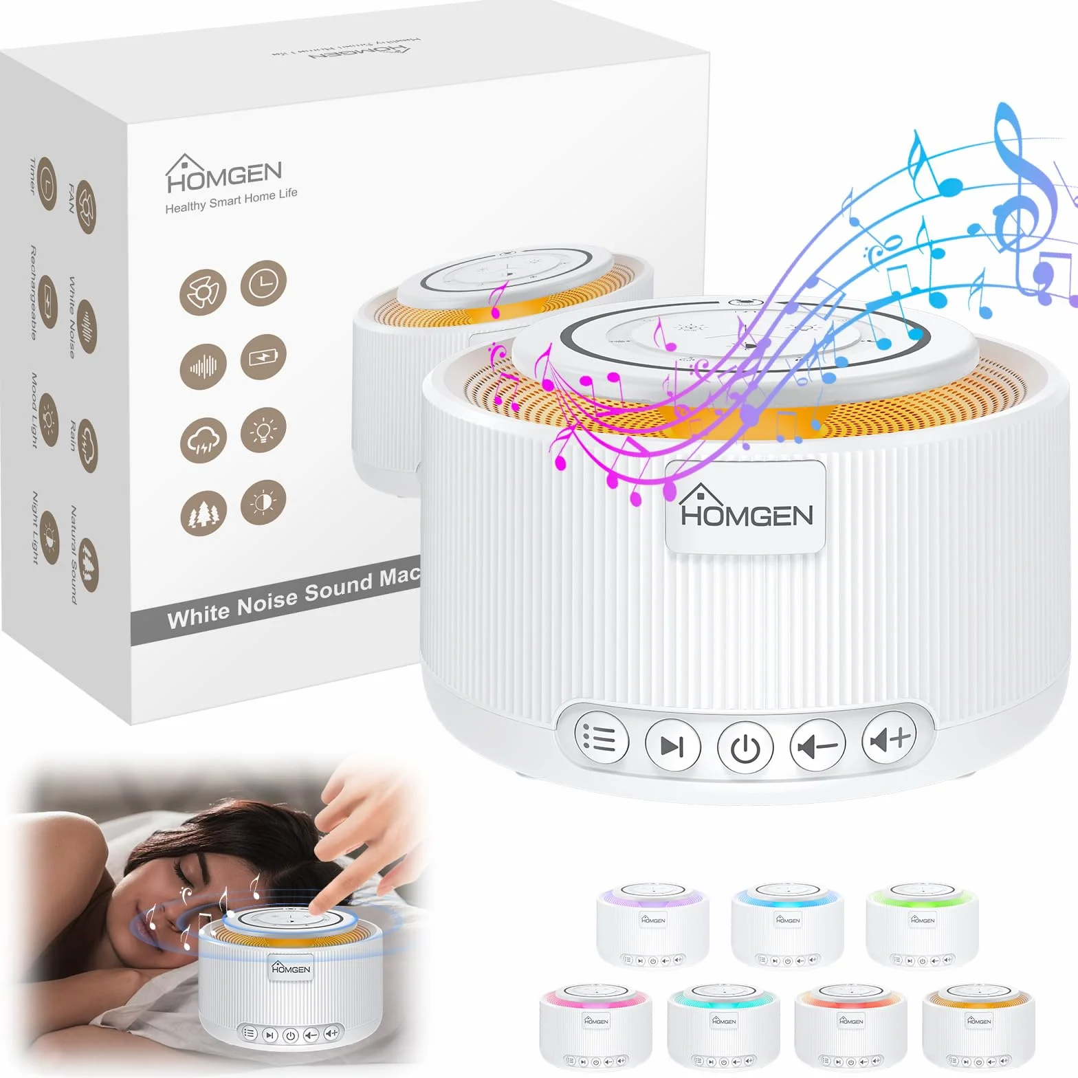 HOMGEN Máquina de Ruido Blanco con Luz Nocturna y 30 Sonidos, Recargable USB, Blanco