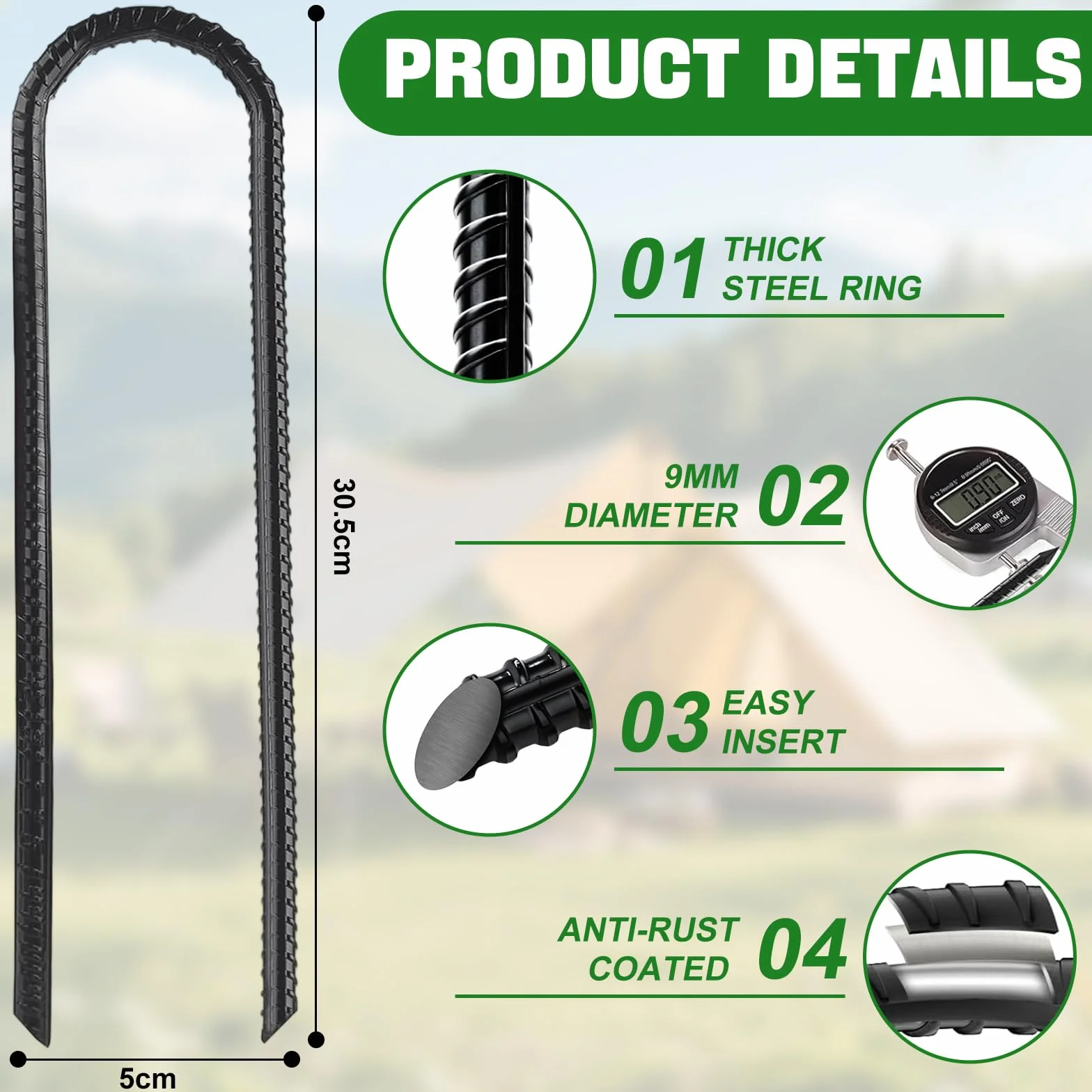 Piquetas Camping Acero Inoxidable 30 cm Anclajes de Tierra para Suelo Duro