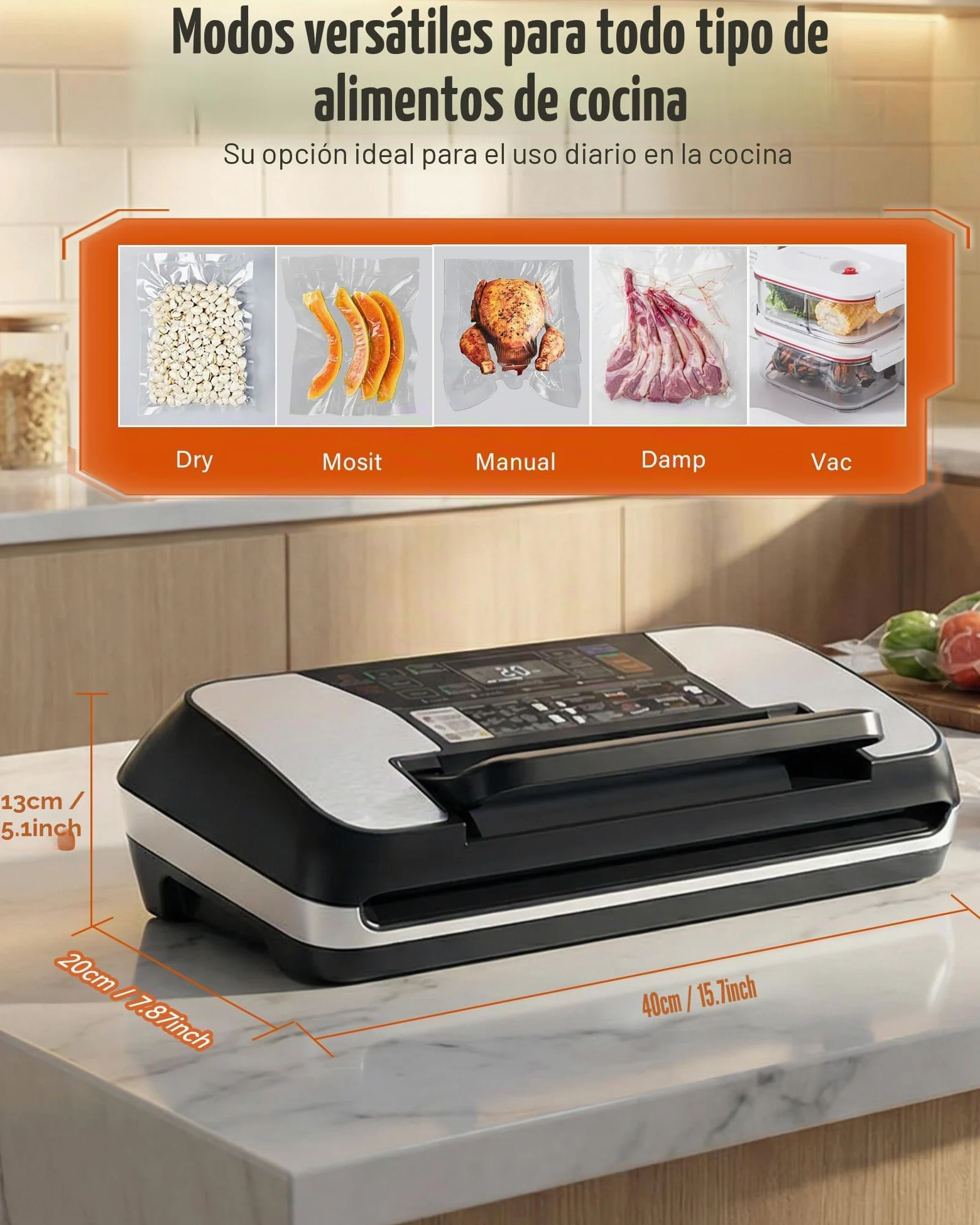 Envasadora al Vacío Doméstica y Profesional para Alimentos – 95 kPa, Aparato 12 en 1 con Doble Soldadura, Easy-Lock, Cortador de Film Integrado, Bandeja Desmontable para Conservación de Larga Duración
