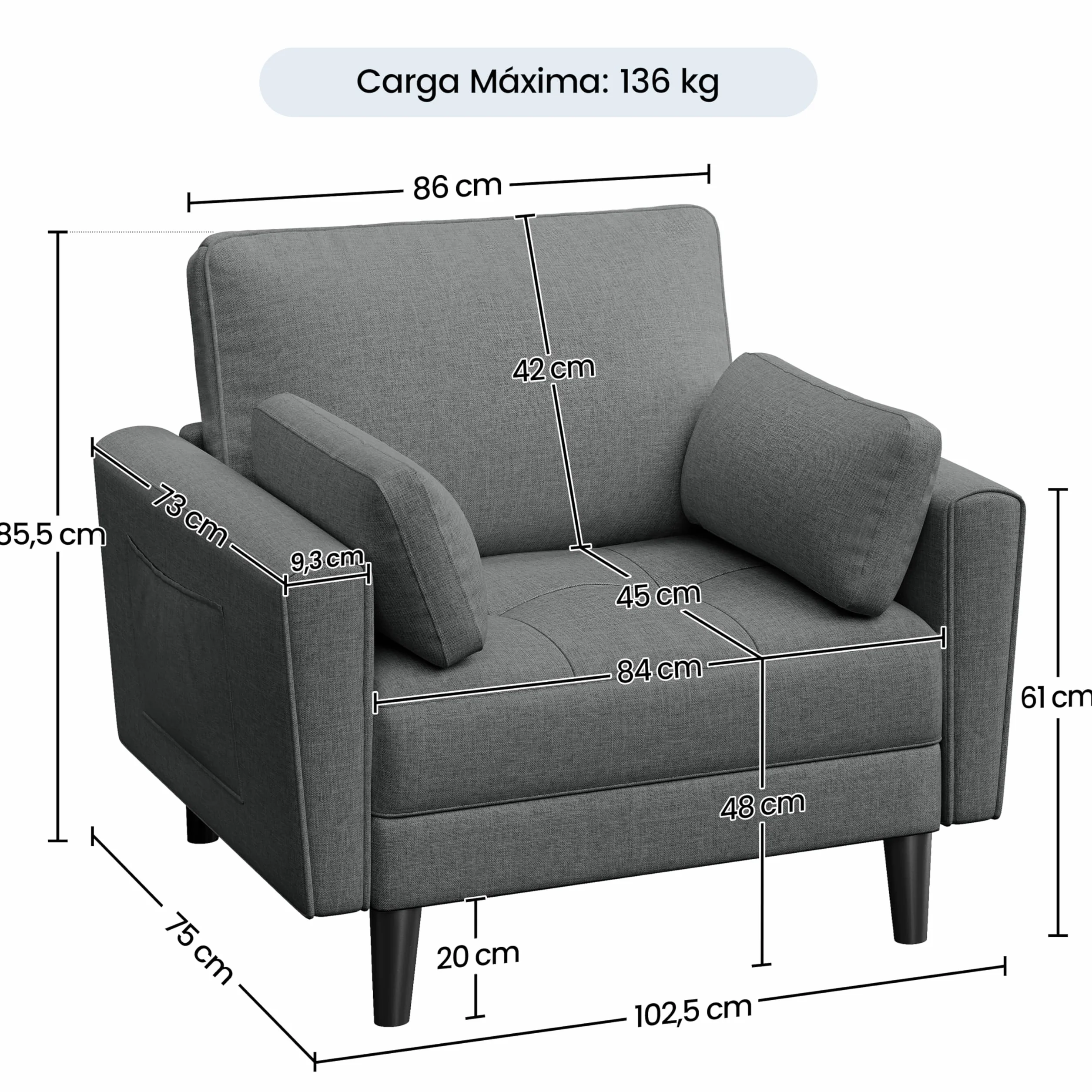 Yaheetech Sofá Individual Sofá Relax Sillon Lectura Tapizada de Tela para Sala de Estar Salon y Dormitorio 75 x 85.5 cm MAX Capacidad 136 KG Gris Oscuro