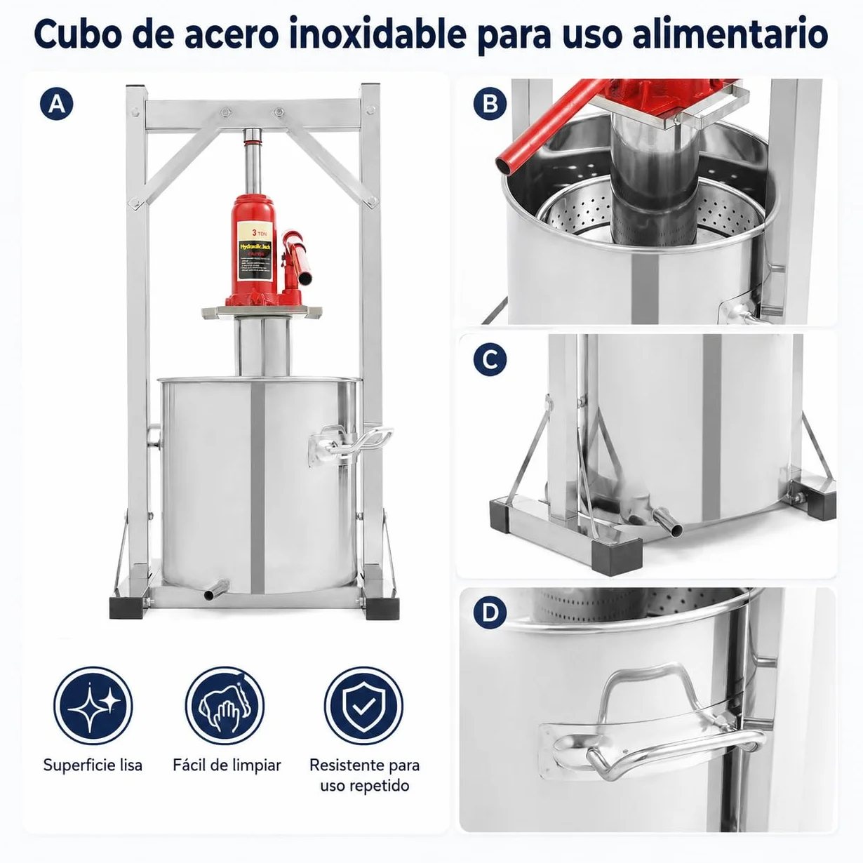 Prensa Hidráulica para Frutas 12L, Prensa Manual de Acero Inoxidable 201/304 con Gato 3T con Tambor, Marco de Prensa y Conector Hidráulico para Uvas, Manzanas, Sidra, Vino y Zumo