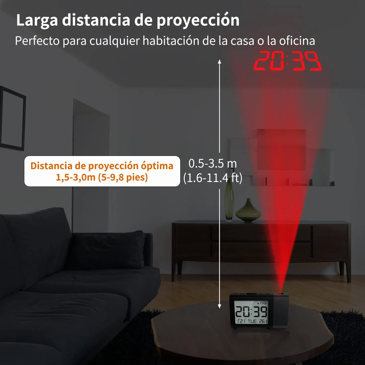 Reloj despertador de proyección digital: Pantalla LCD clara con temperatura fecha 12/24H y modo fin de semana, brillo y volumen ajustables, Reloj a pilas para niños ancianos dormitorio (Rojo)
