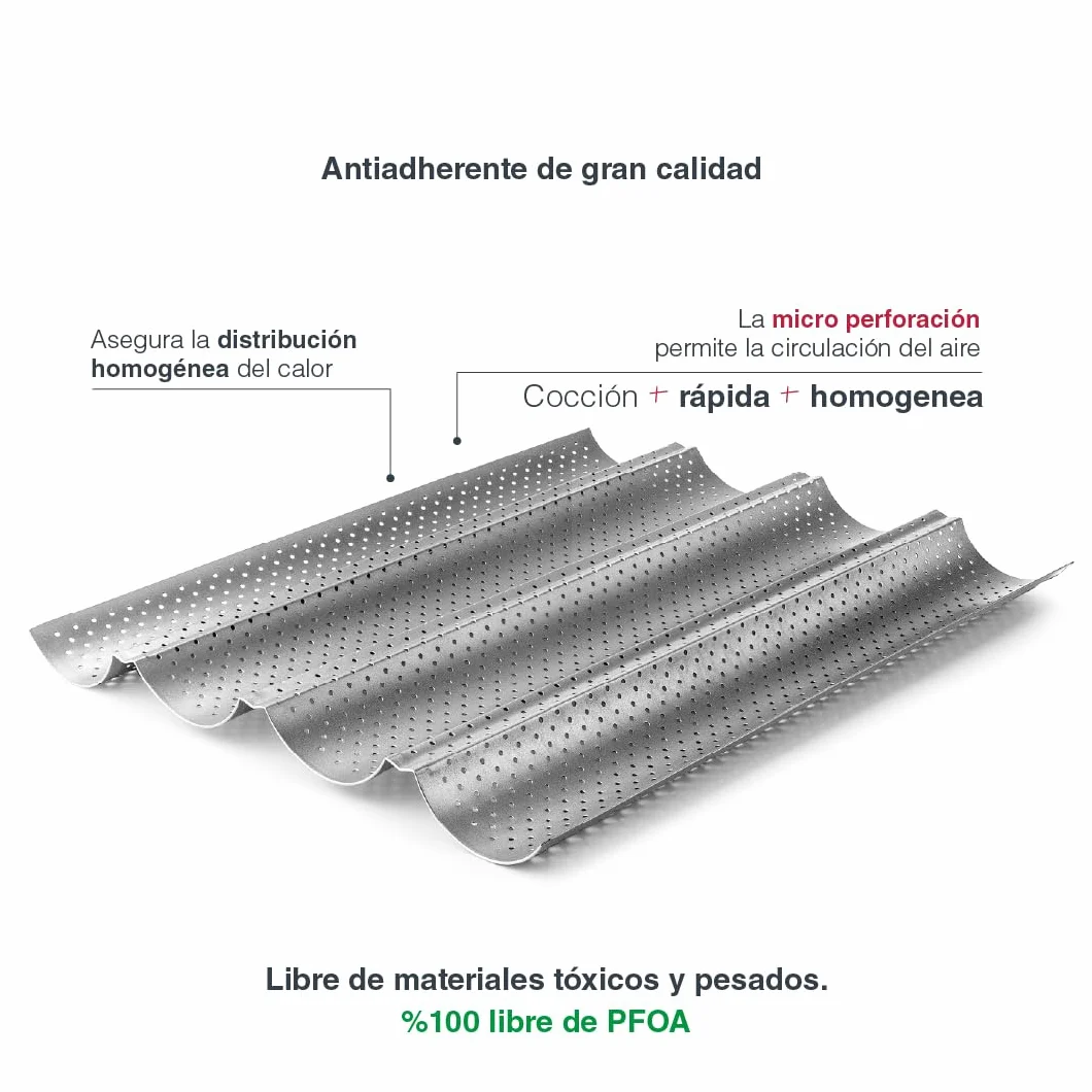 LACOR - 68450 - Molde Baguette, Molde Antiadherente, Colección Delize, Microperforado, Libre de PFOA, Apto para Horno, Frigorífico y Congelador, Acero al Carbono, 38x33 cm, Altura 2.6 cm, 4 Cavidades