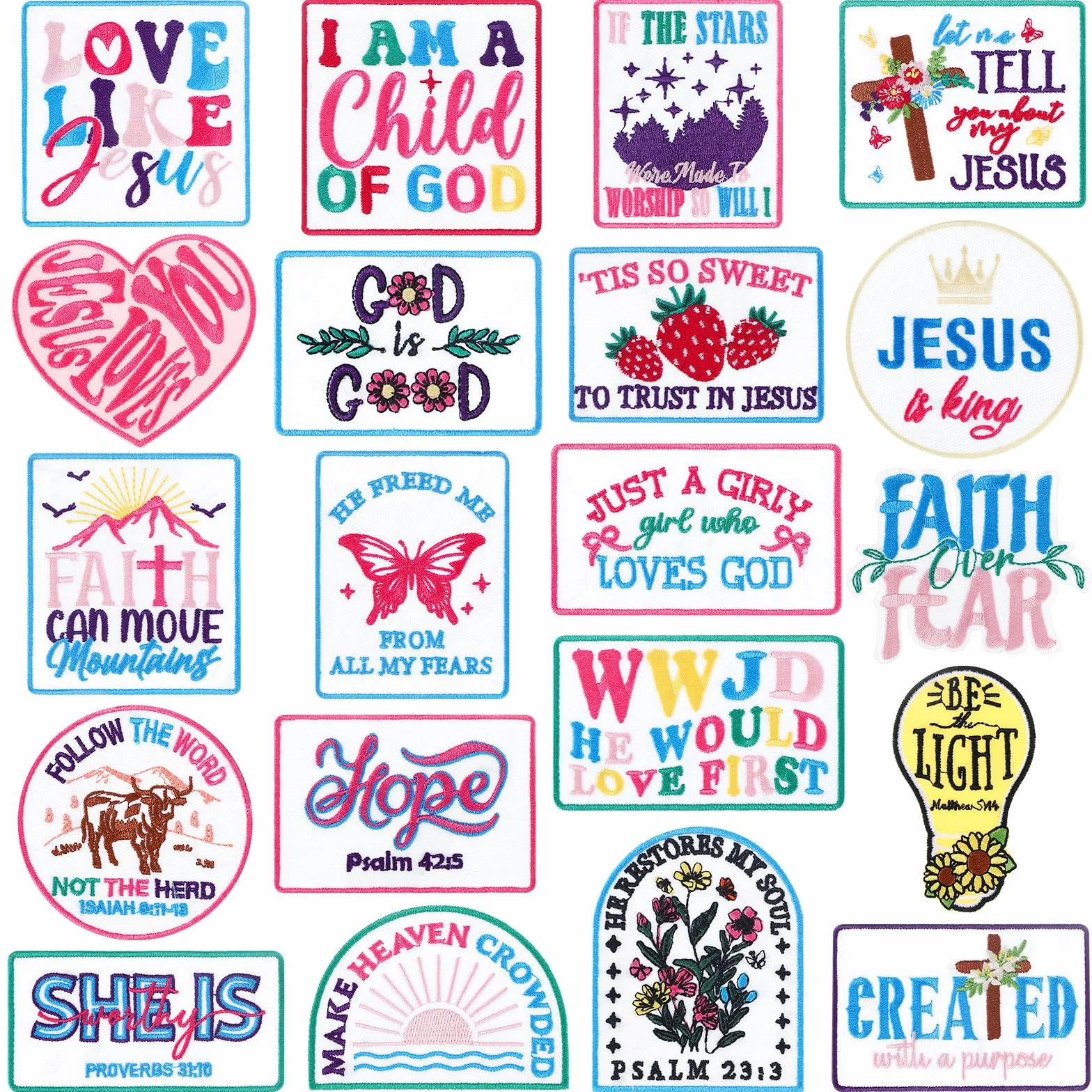 Wavwavw 20 parches cristianos para planchar con texto en inglés "Love Like Jesus", bordado para sombrero de camionero, apliques para coser, versículo bíblico, religioso, accesorios de bricolaje para