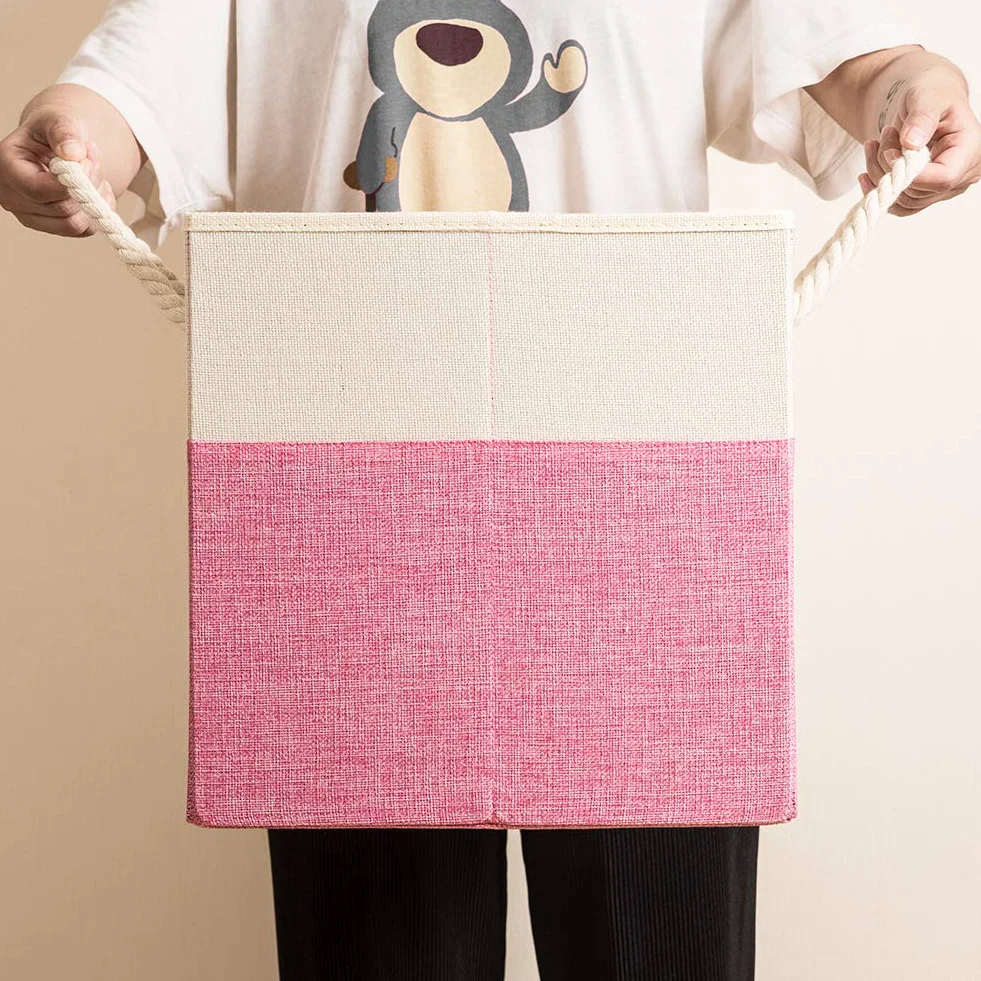 Prandom Cubos de almacenamiento plegables grandes de 33x33x33 cm [paquete de 4] Cajas de almacenaje de lino de tela Cubos Cajón con asas de algodón Organizador para estantes Rosa