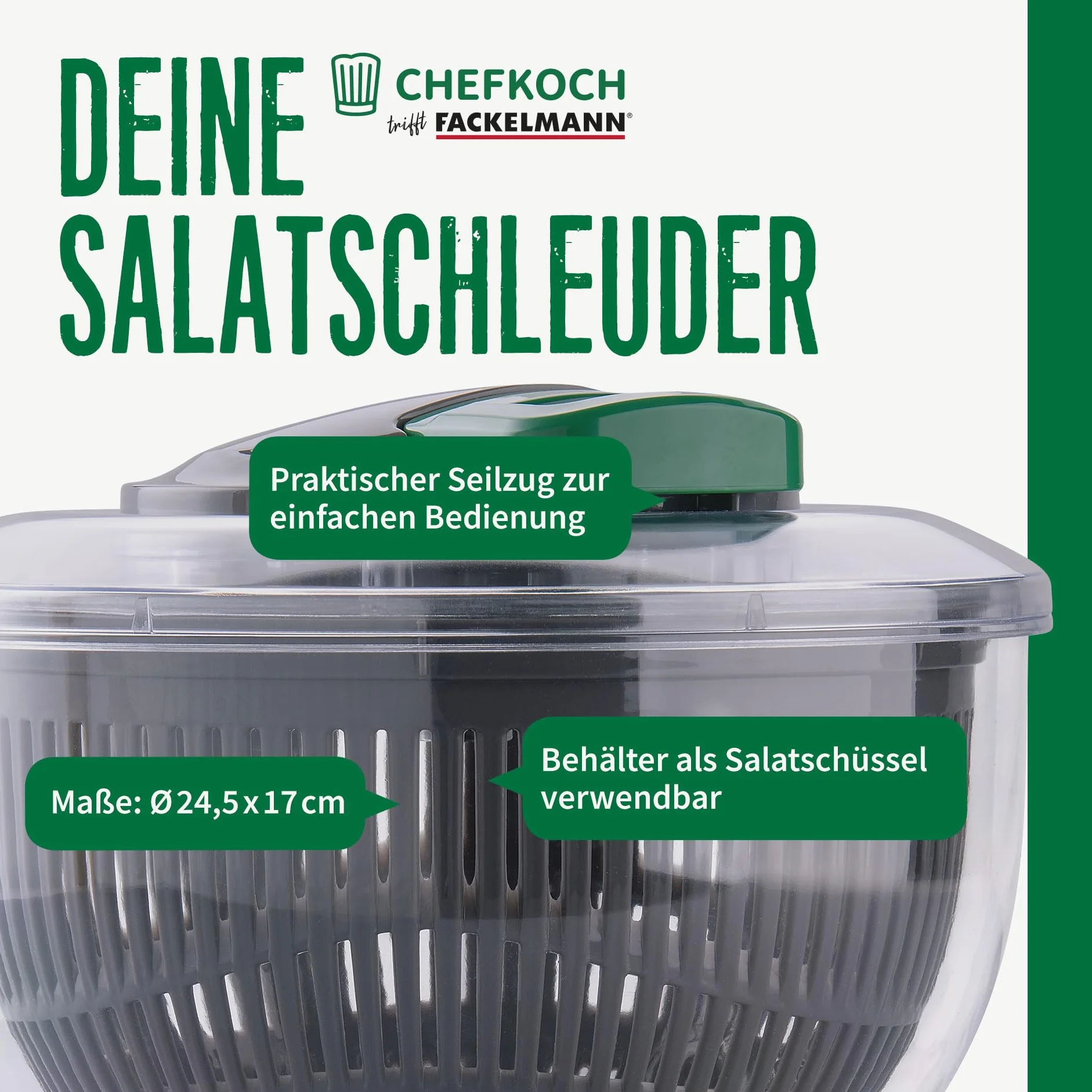 FACKELMANN Centrifugador de ensalada con cuerda y botón de parada, para lavar, secar y servir ensalada sin esfuerzo, incluye práctico cable y colador extraíble