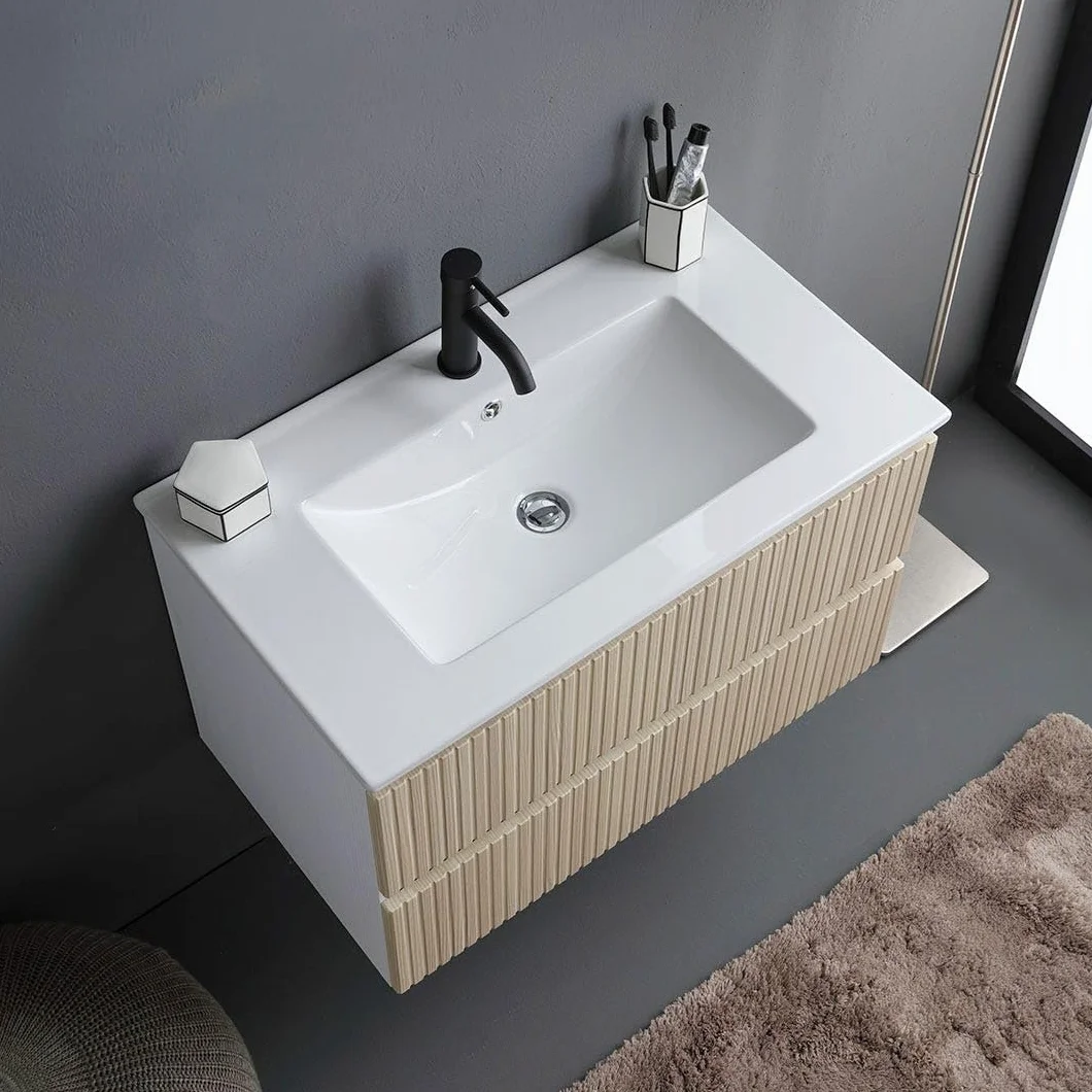 Kiamami Valentina - Mueble de baño suspendido 80cm Blanco con Frontal de Roble Estriado