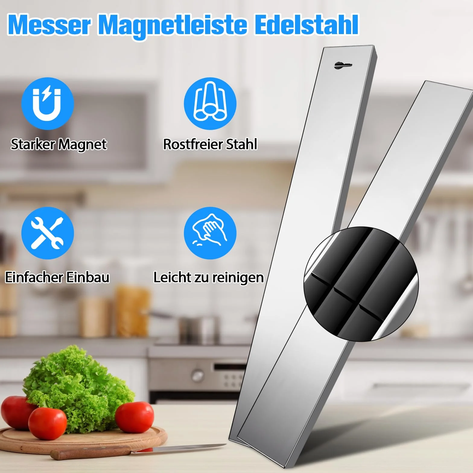 Portacuchillos Aimanté 30 cm, portacuchillos INOX, barra magnética para cuchillos, imán cuchillo de cocina sin taladrar, barra magnética para cuchillos y utensilios