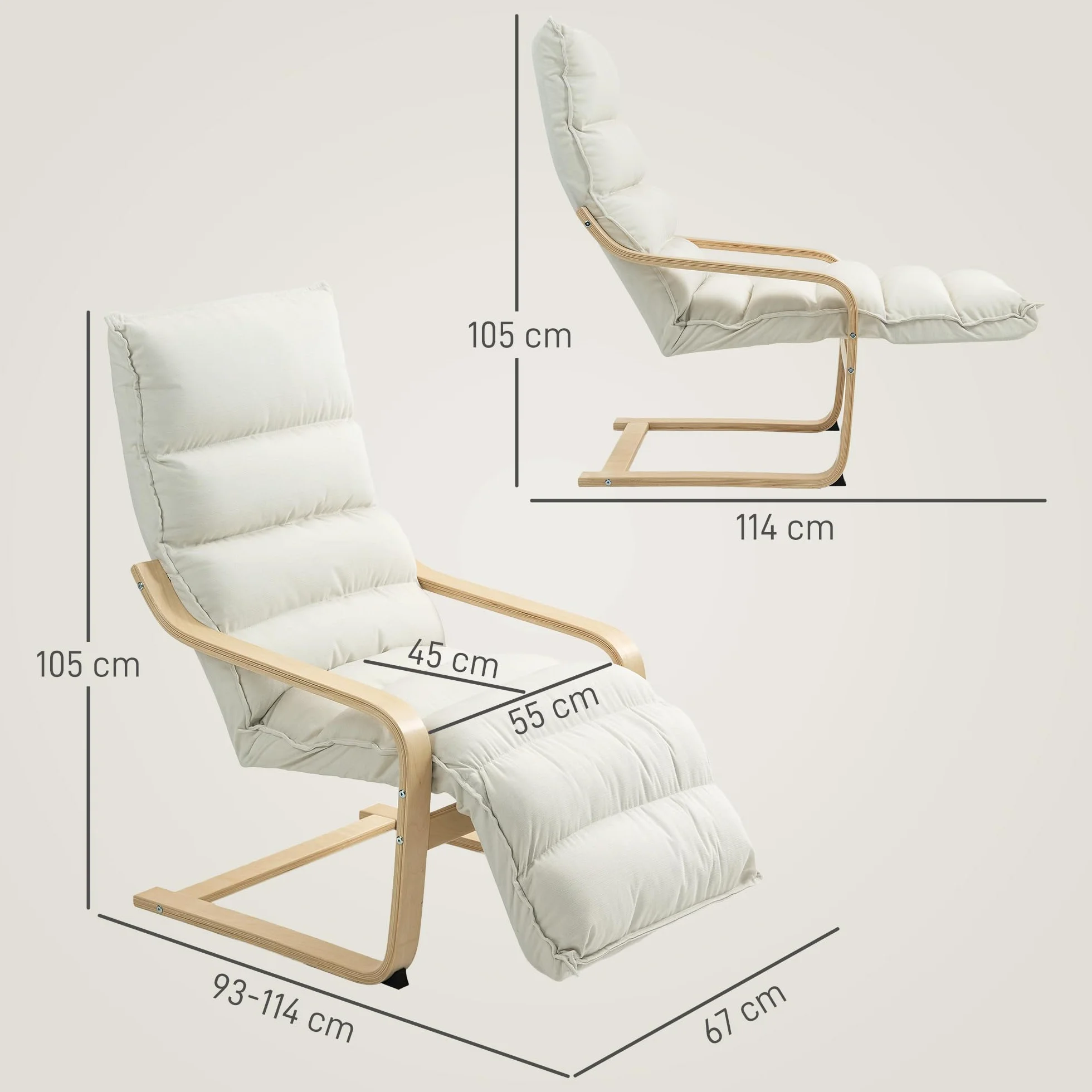HOMCOM Sillón de Salón con Reposapiés Ajustable, Butaca de Salón Tapizada en Terciopelo, Marco de Madera, Sillón de Relax para Dormitorio, Oficina, Estudio, 67x93x105 cm, Crema