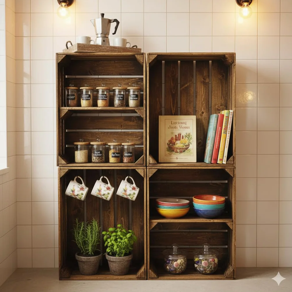 Teramico Antiguos cajones de fruta flameados en muchas variaciones. Ideales para la construcción de muebles o para almacenamiento. Acabado muy sólido y robusto (set de 4-2 x base transversal)