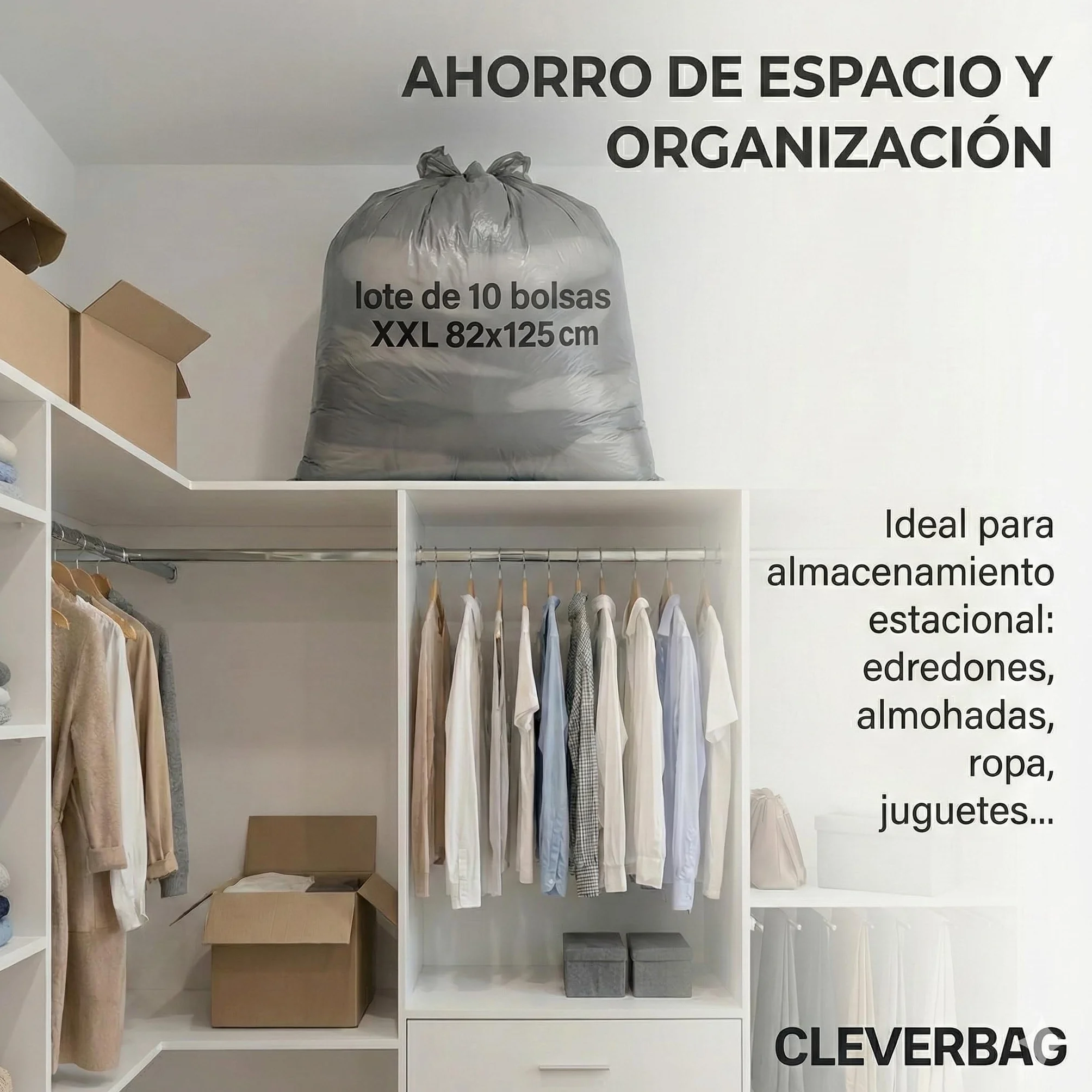 Lot de 10 bolsas de almacenamiento para ropa XXL 82×125 cm – Impermeables, resistentes PE – Bolsas de mudanza de gran formato con asas – Para edredones, almohadas, juguetes – Carga máxima 15