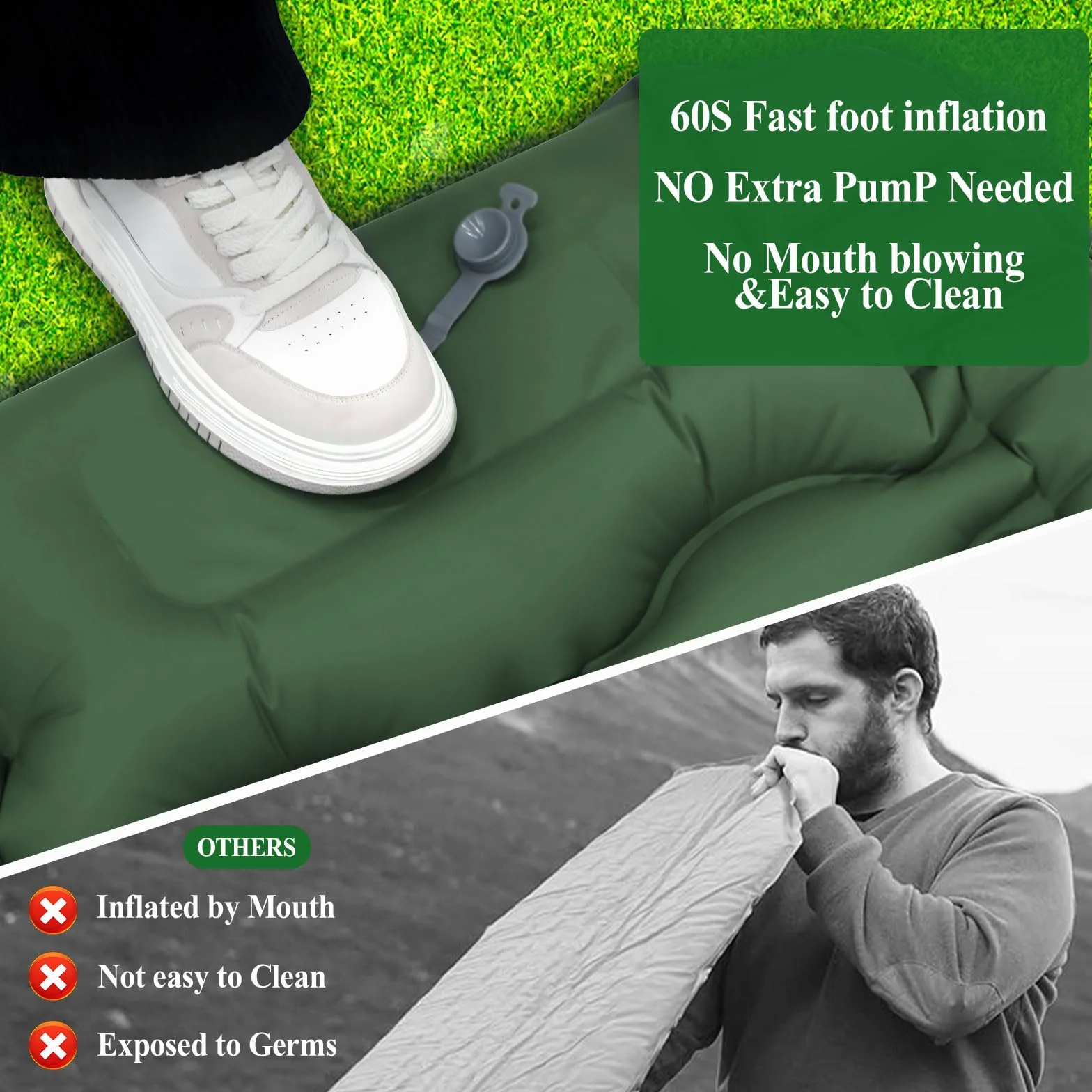 Colchón Hinchable Camping con Almohada y Bomba de Pie, Esterilla Hinchable para Dormir Senderismo, Verde