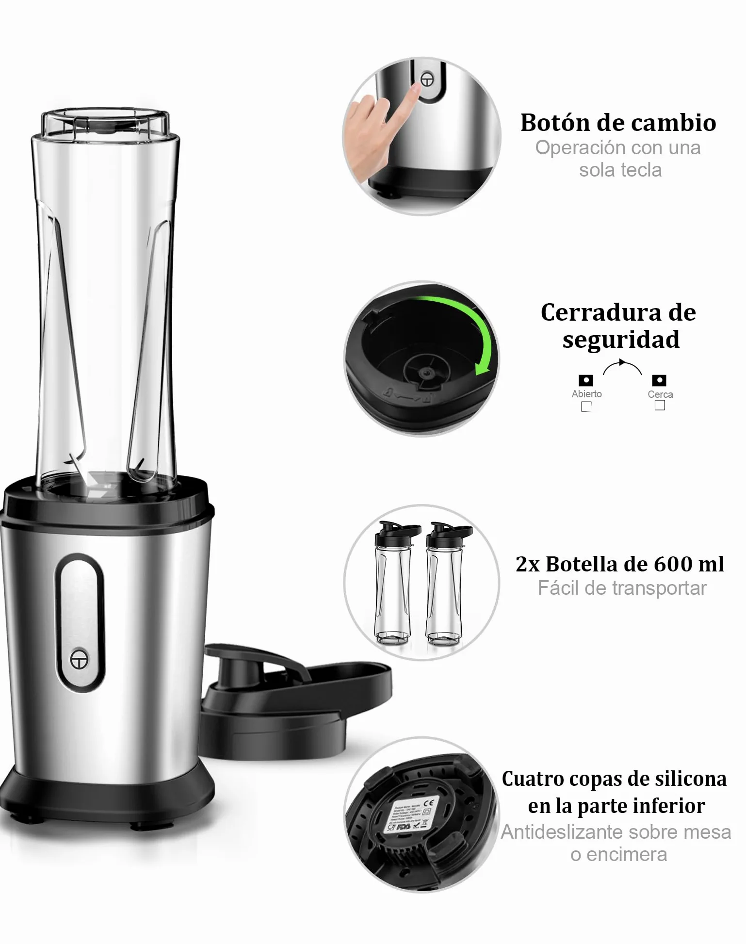 Batidora de Vaso, 500W Mini Portatil Batidora de Vaso Smoothies Individual con 2 Botellas de 600 ml de Plástico Tritan, Licuadora para Zumos, Batidos, Verduras, Frutas