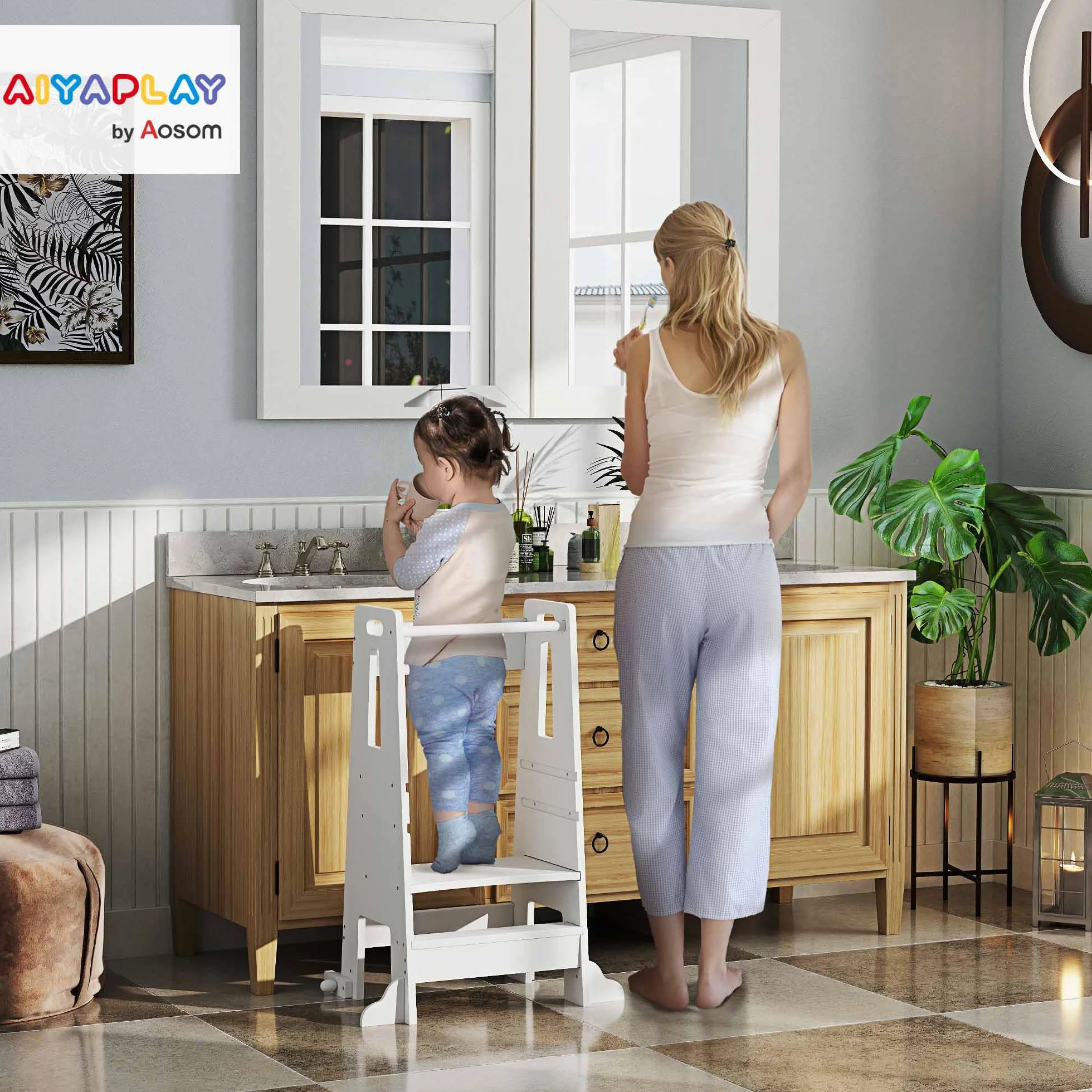 AIYAPLAY Torre de Aprendizaje de Madera para Niños +3 Años Altura Ajustable 3 Niveles Barrera de Seguridad 45x47,5x91 cm Blanco