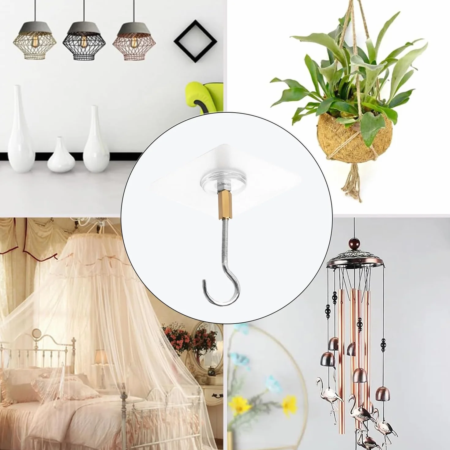4 piezas Ganchos de techo autoadhesivos, Enganches para Pared Sin Taladro, aptos para plantas, para baño, cocina, oficina, dormitorio