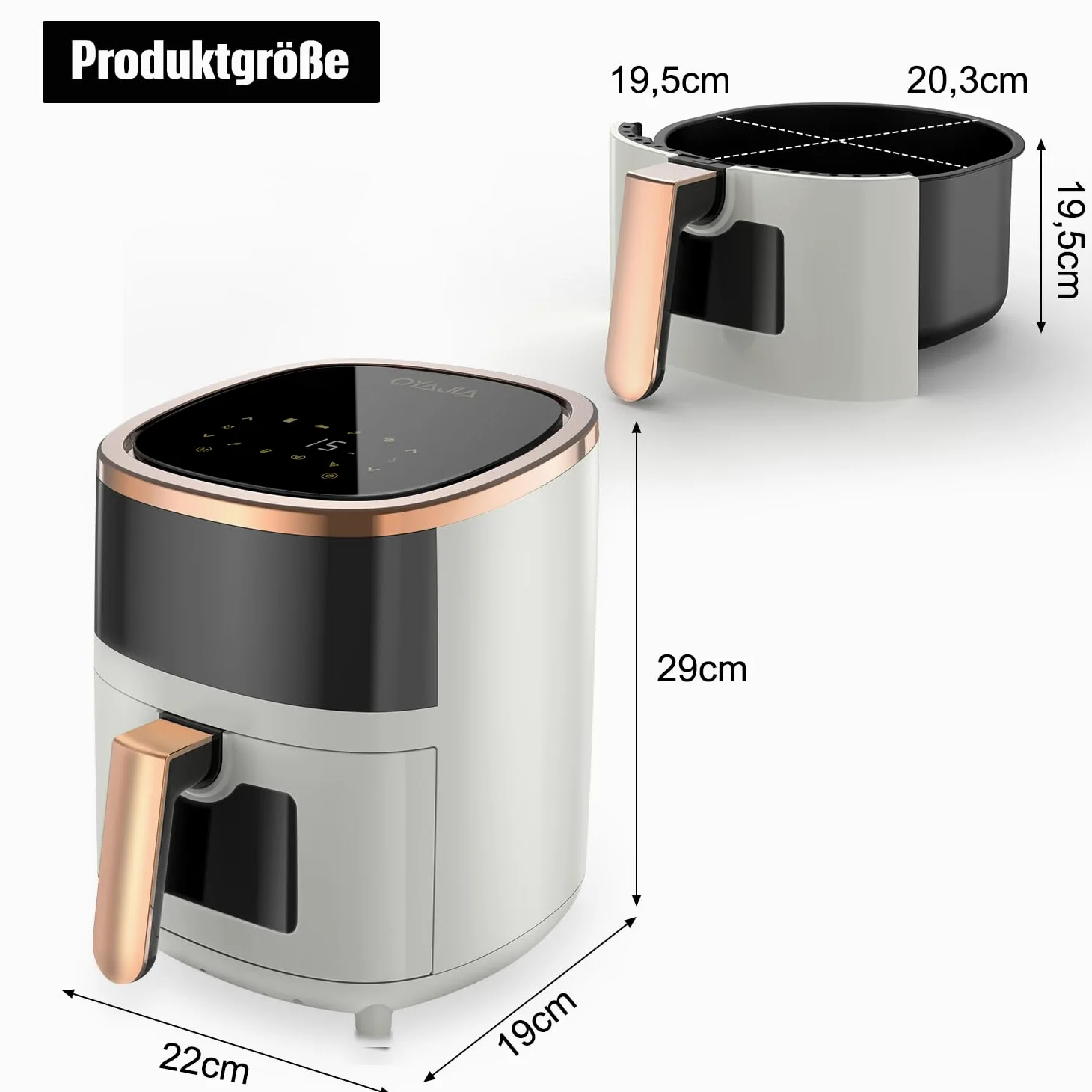Freidora de aire caliente, 6 L, con 8 programas, tecnología de aire caliente, pantalla táctil, ventana de visualización, apta para lavavajillas, freidora sin aceite, digital, asar, hornear, asar