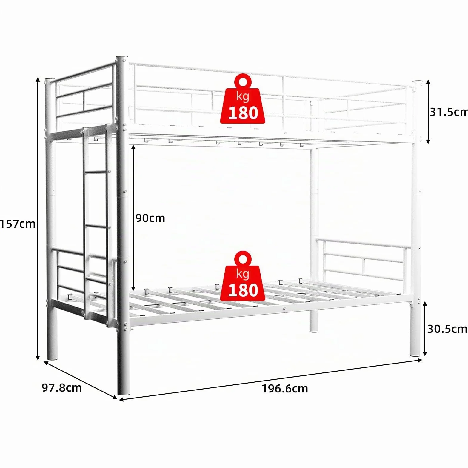 Litera de hierro, 90 x 190 cm, estructura metálica con escalera y barandilla, convertible en dos camas, apta para adolescentes y adultos (sin colchón) (blanco)