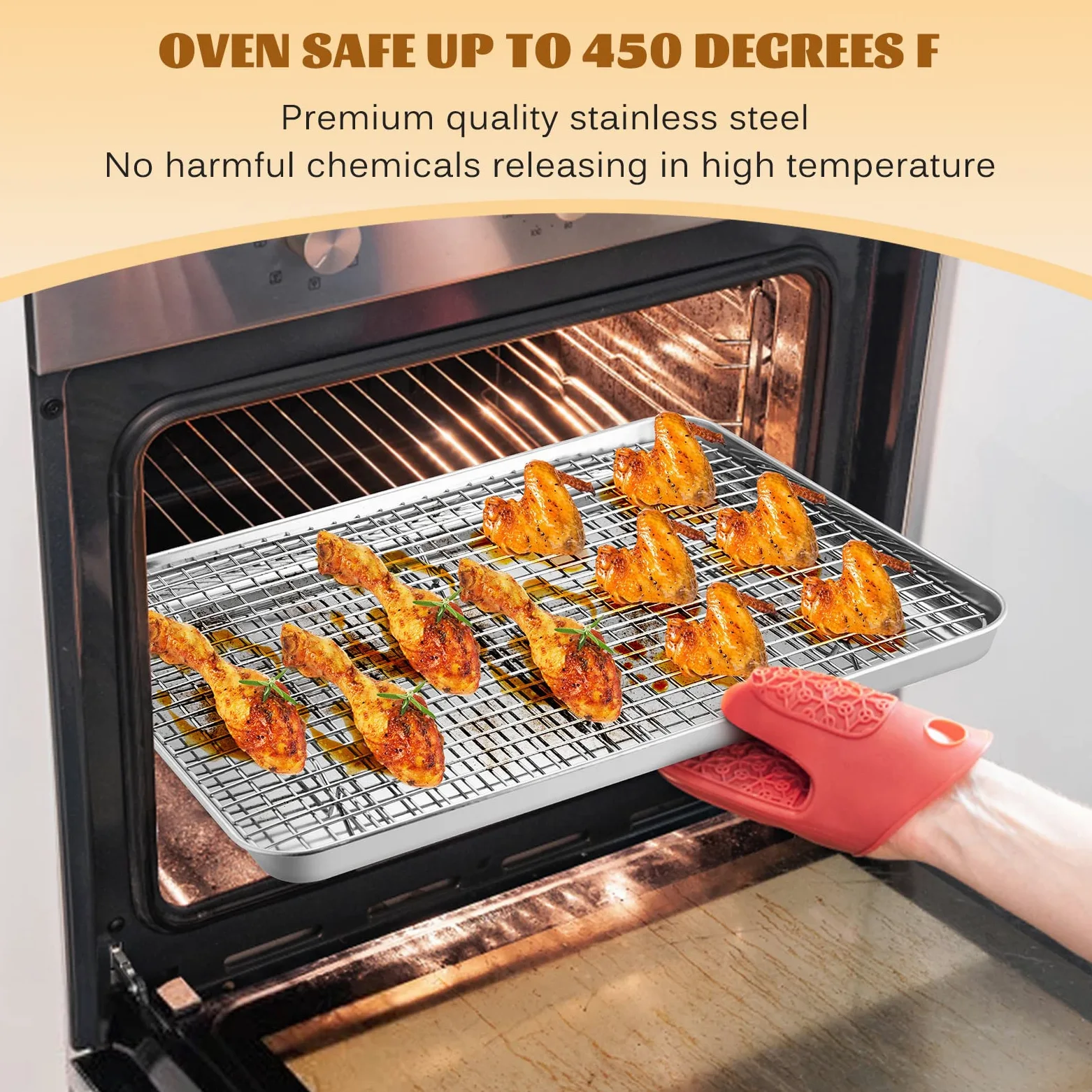 E-far - Bandeja para hornear de media hoja con soporte, bandeja de galletas de 18 x 13 pulgadas para horno, bandeja de acero inoxidable con borde con rejilla de refrigeración de alambre para cocinar,