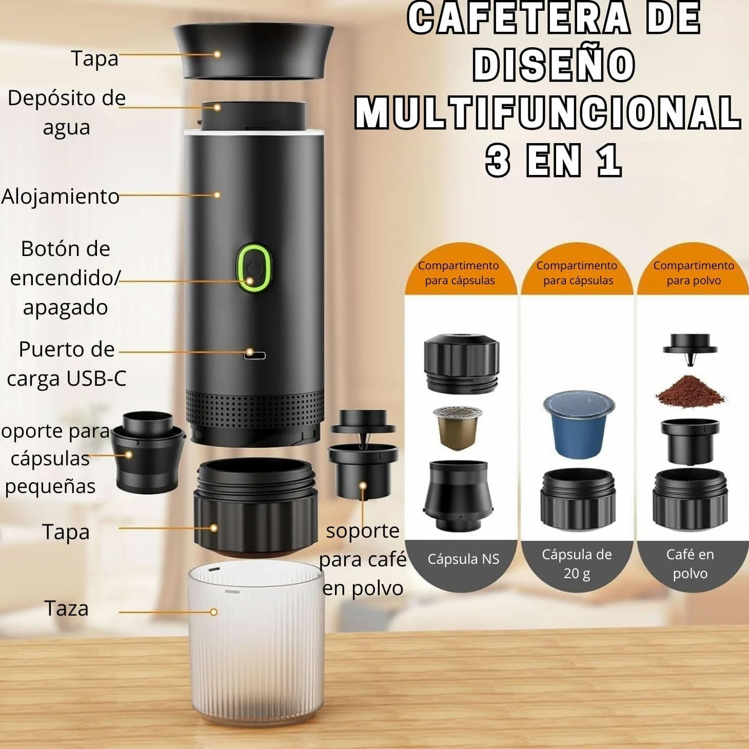 Genérico Cafetera Portátil Cápsulas 3 en 1 – Compatible con Cápsulas Pequeñas y Grandes + Café Molido – Autocalentamiento Rápido – Ideal Viajes, Oficina y Camper. (Negro)