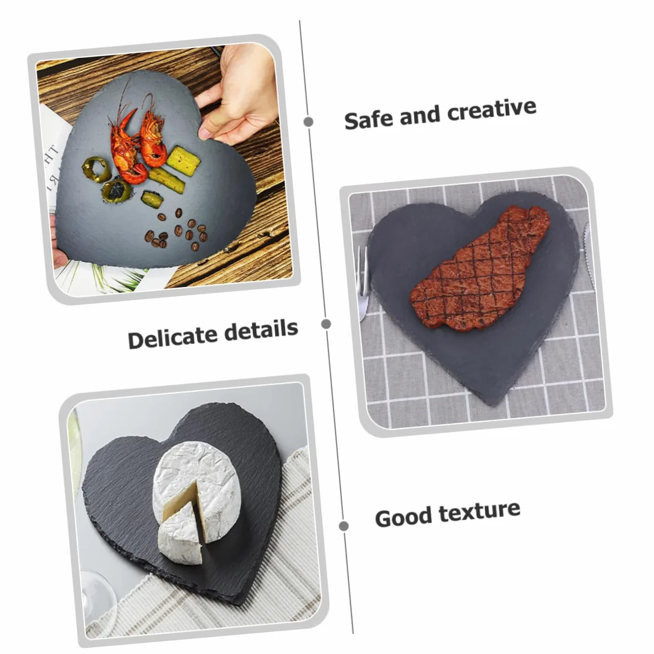 SECFOU Plato de Pizarra en Forma de Corazón Negro 4 Pulgadas, 3 Piezas | Piedra Natural, Estilo Europeo Rústico, para Hotel y Restaurante Occidental