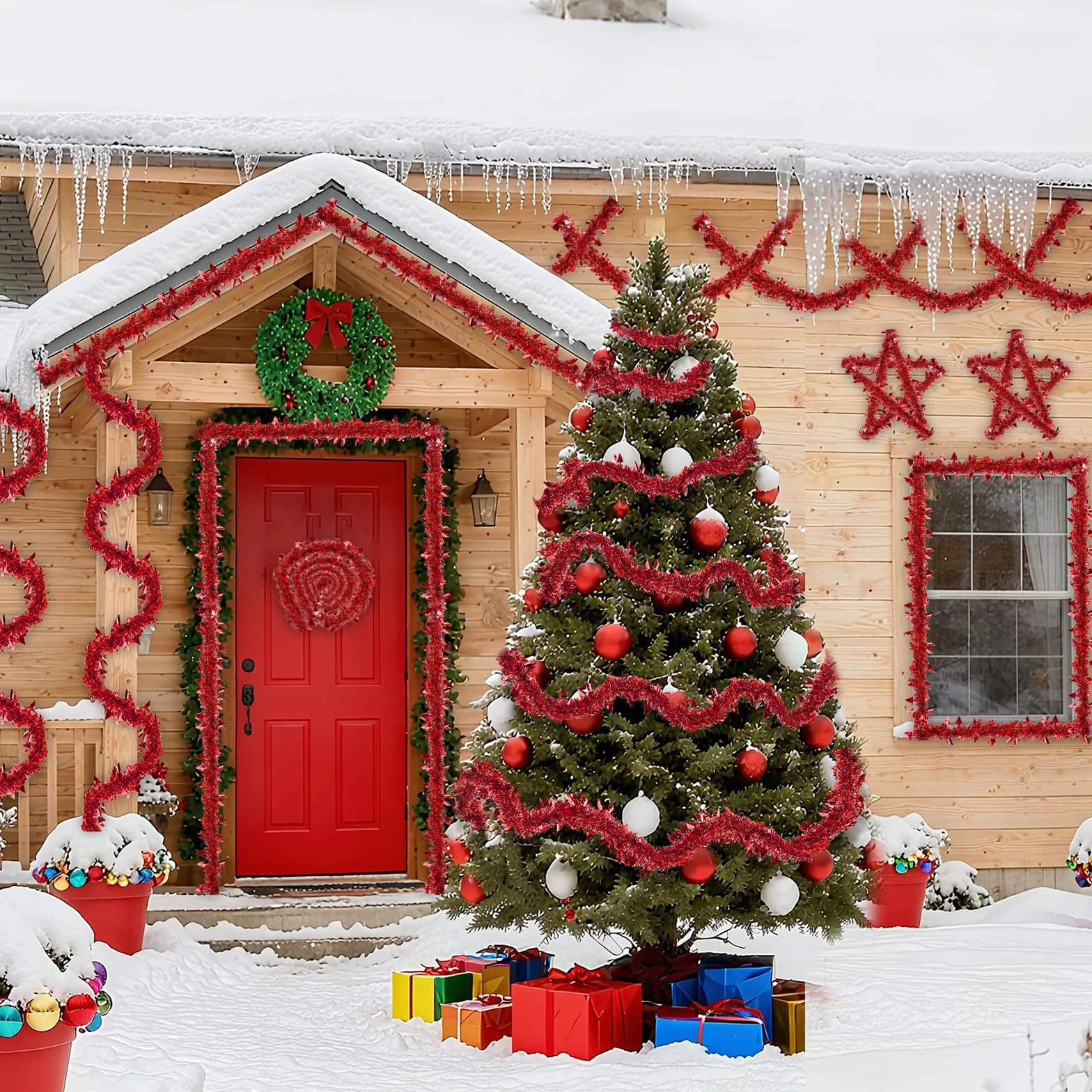 8 Piezas Guirnalda de Oropel Navidad, 16M Espumillón Metálica Brillante, Rojo Decoracion Arbol de Navidad Adornos, Rojo Brillante Espumillón para Árbol de Escaleras Chimenea