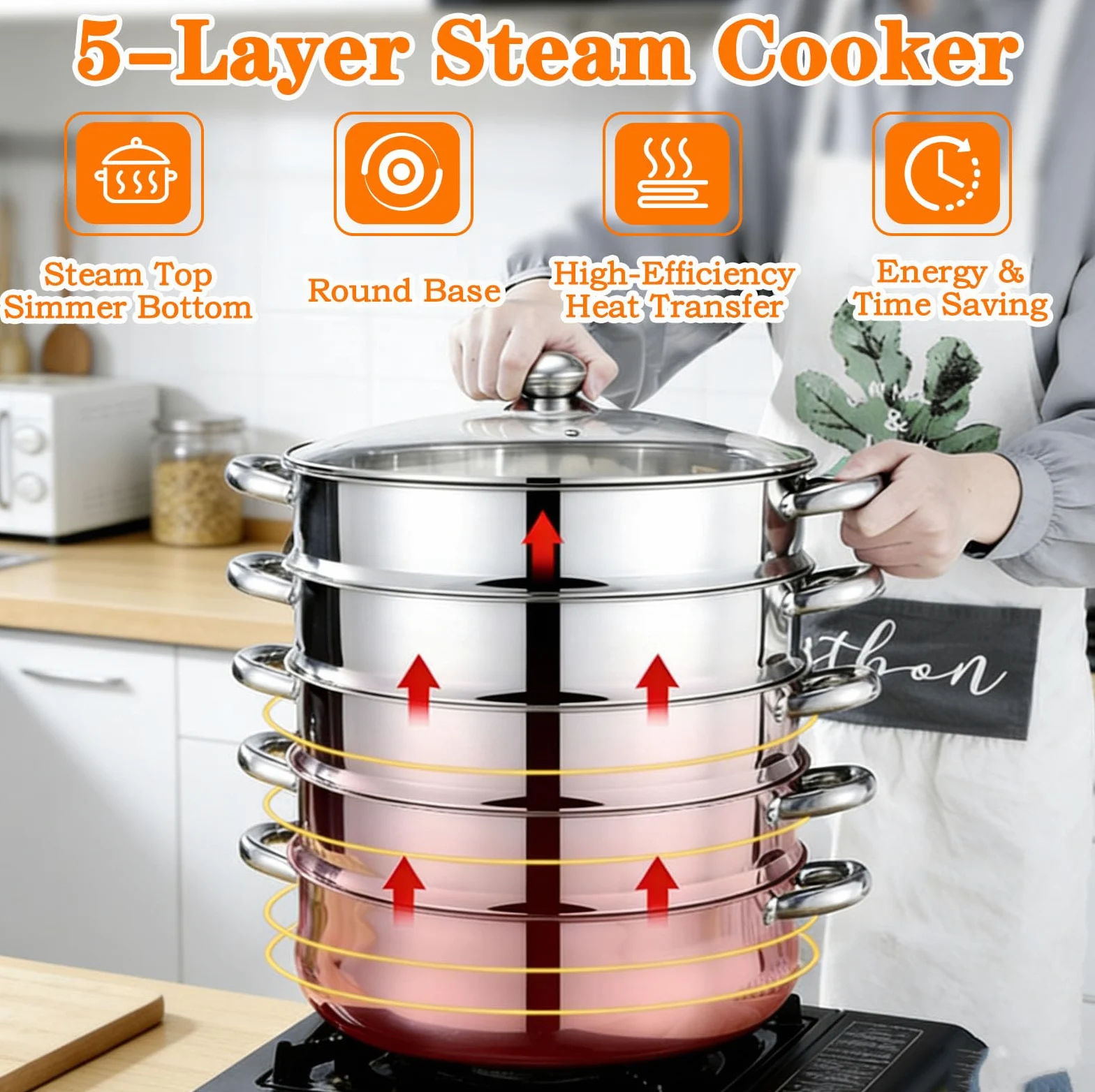 Vaporera Acero Inoxidable con Tapa Vristal, Olla Presión Verduras Grande Hogar 5 Capas Duradera, Ollas Vaporera Cocinar Vapor Cocinar Vapor Steamer Cooking para Cocinar Verduras Mariscos Sopas Guisos