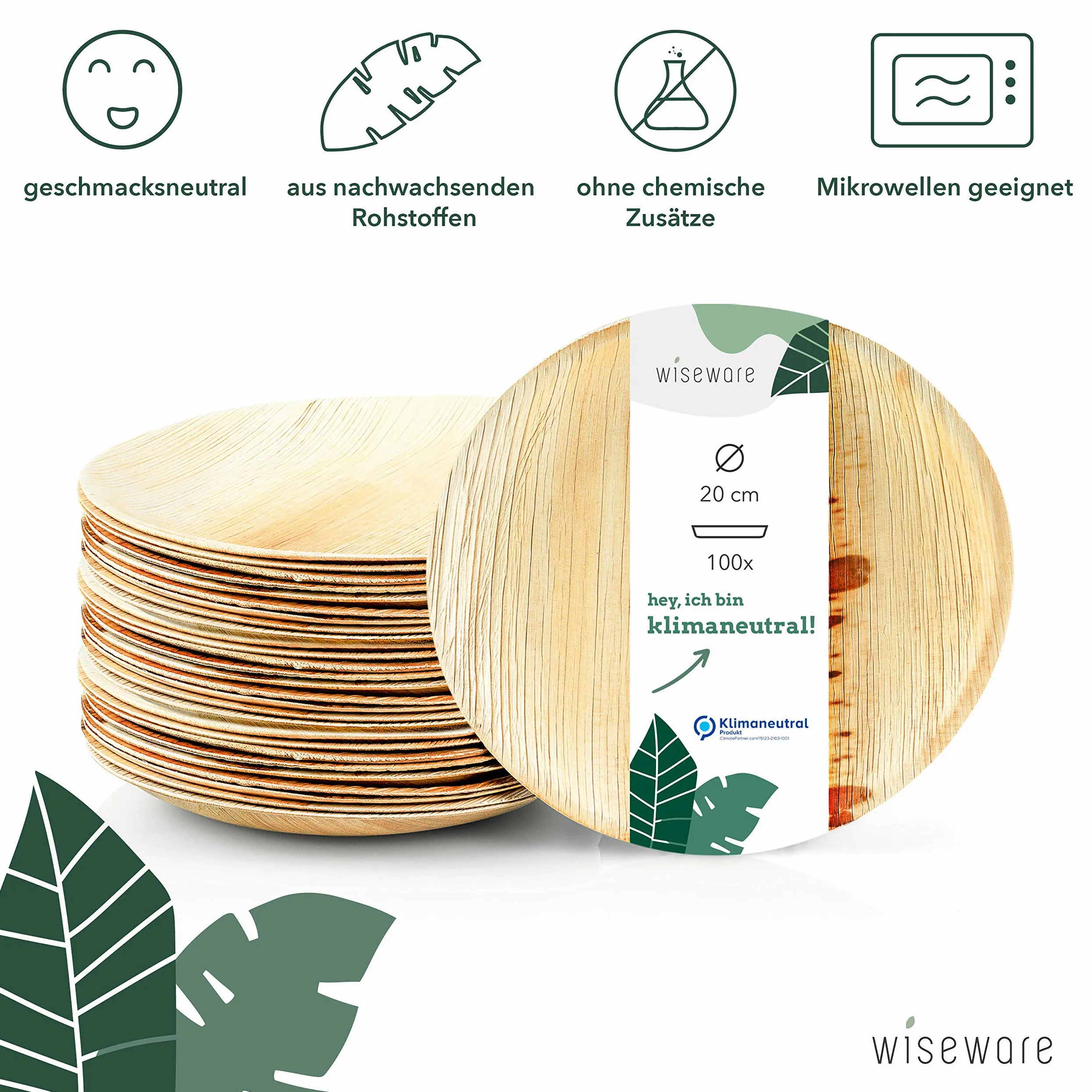 Wiseware Platos desechables (100 unidades redondos 20 cm de diámetro biodegradables platos de hoja de palma biodegradables vajilla compostable vajilla ecológica desechable (100 20 cm de diámetro)